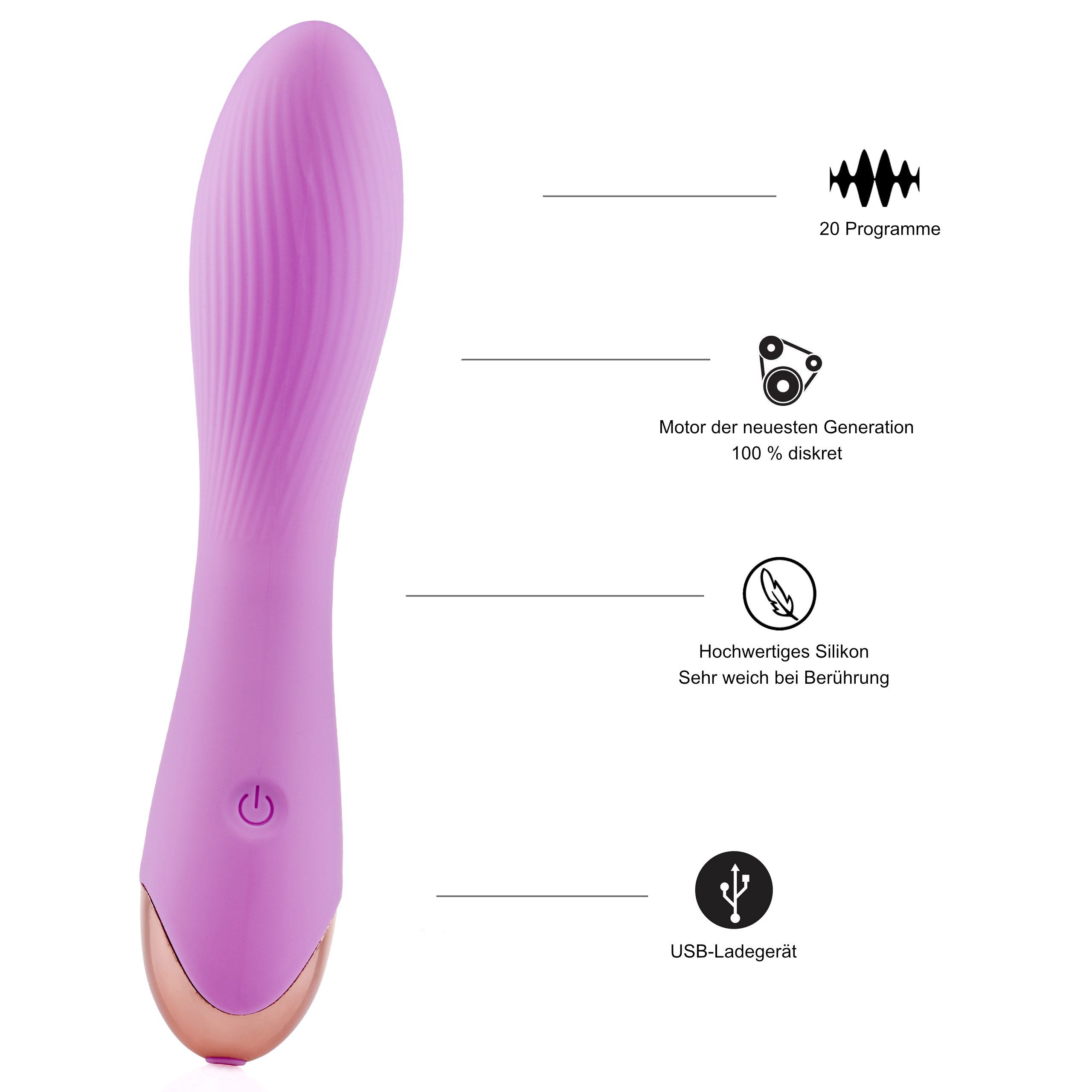 Vibratore viola con 20 programmi, motore di nuova generazione, silicone e icona caricatore USB.