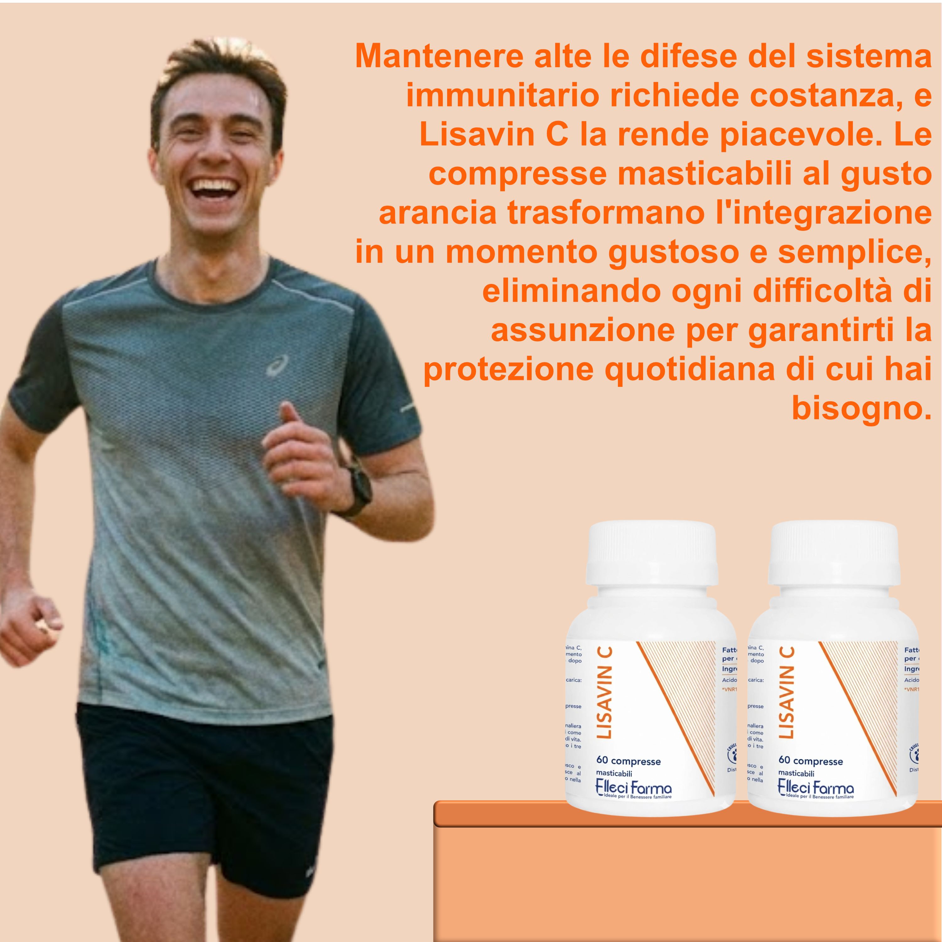 Uomo che corre e sorride. Due flaconi con informazioni sul prodotto. Testo sull'assunzione di Lisavin C.