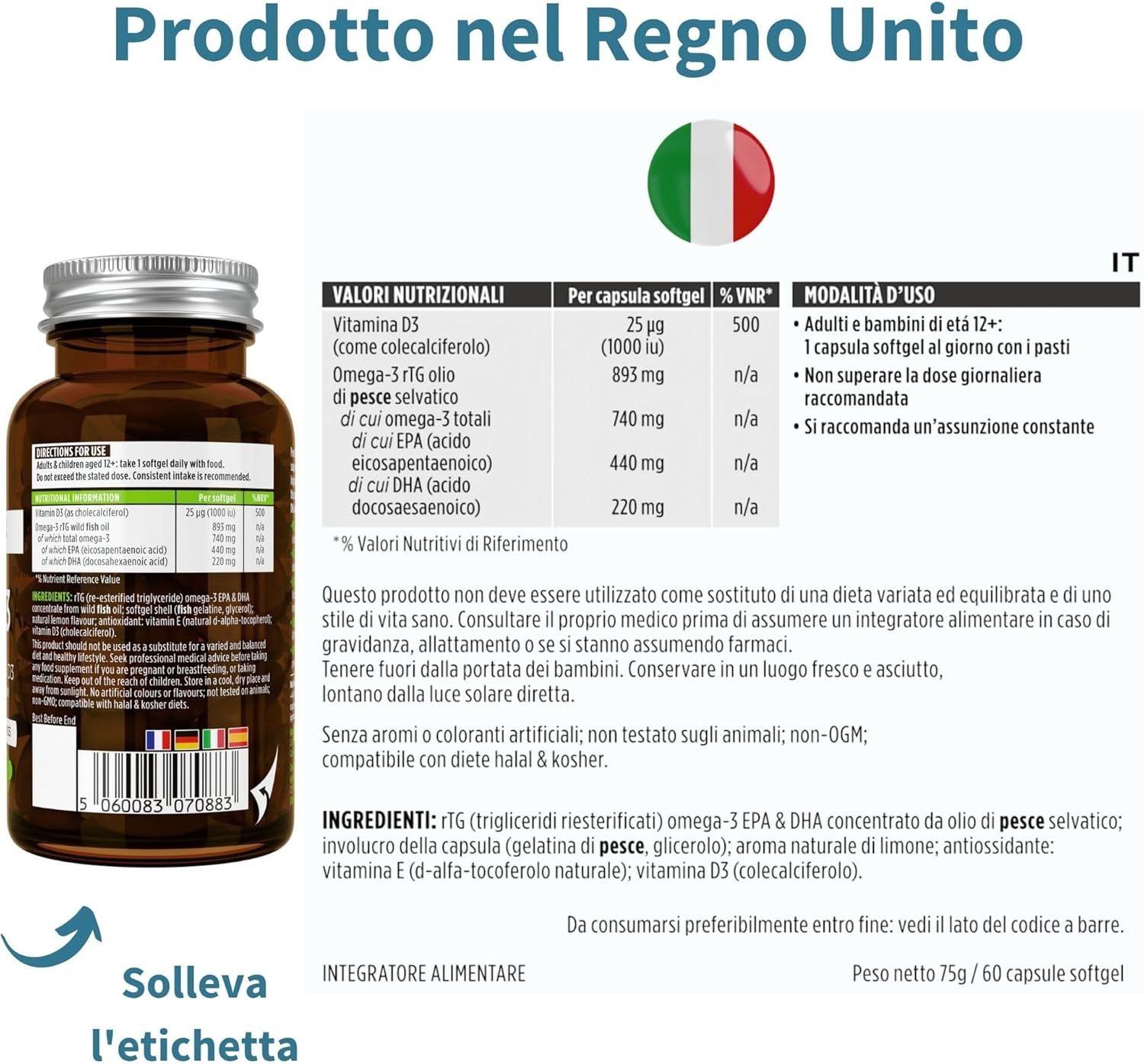 Flacone marrone con capsule. Testo: Prodotto nel Regno Unito. Informazioni nutrizionali. Ingredienti. Modalità d'uso.