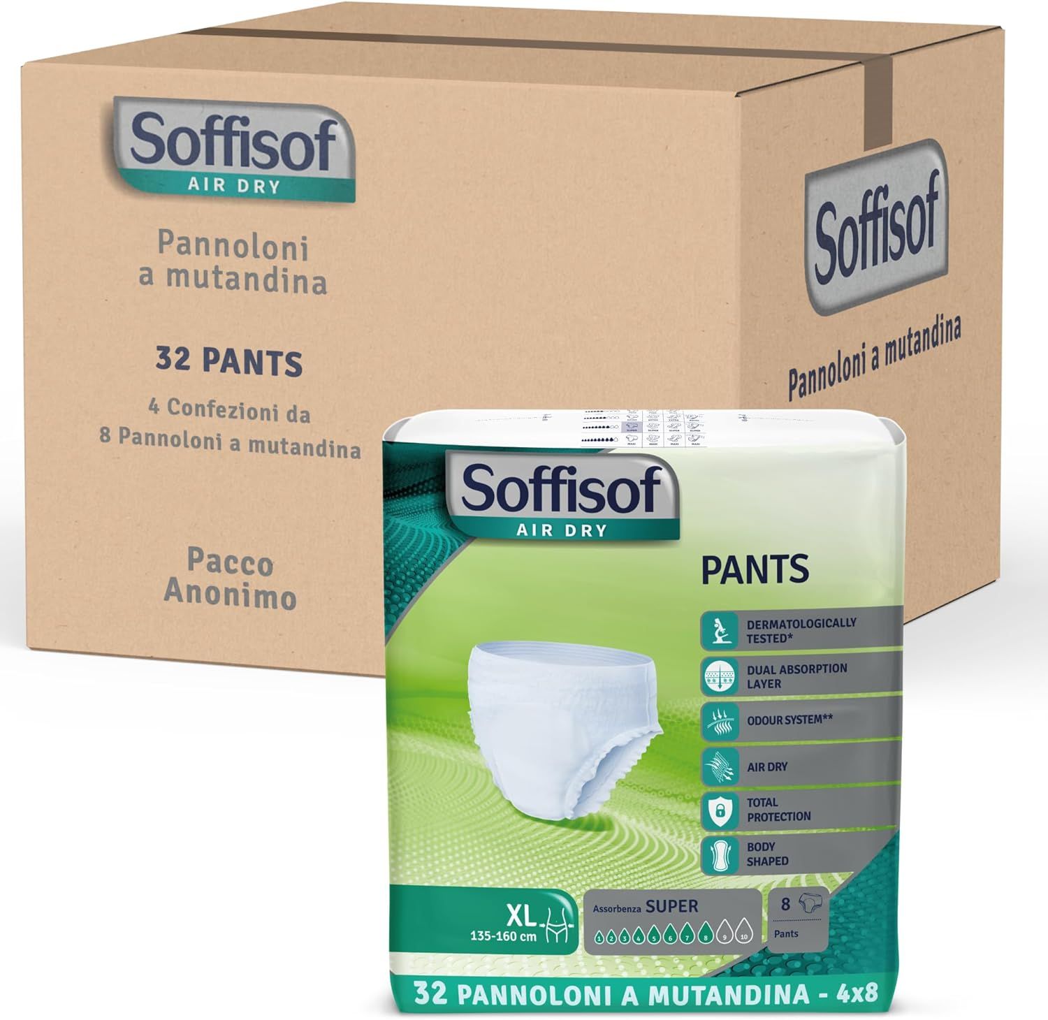 Soffisof Pants Super. Confezione in cartone. 32 pezzi. Taglia XL. Air Dry. Pacco anonimo.