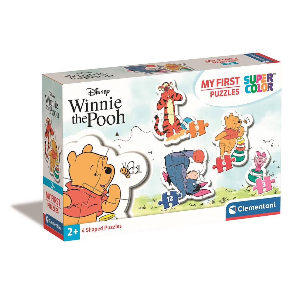 Puzzle Clementoni Winnie the Pooh 4in1. Con Winnie, Tigro, Pimpi e Ih-Oh. Età consigliata: 2+. Scatola con logo Disney e Clementoni.