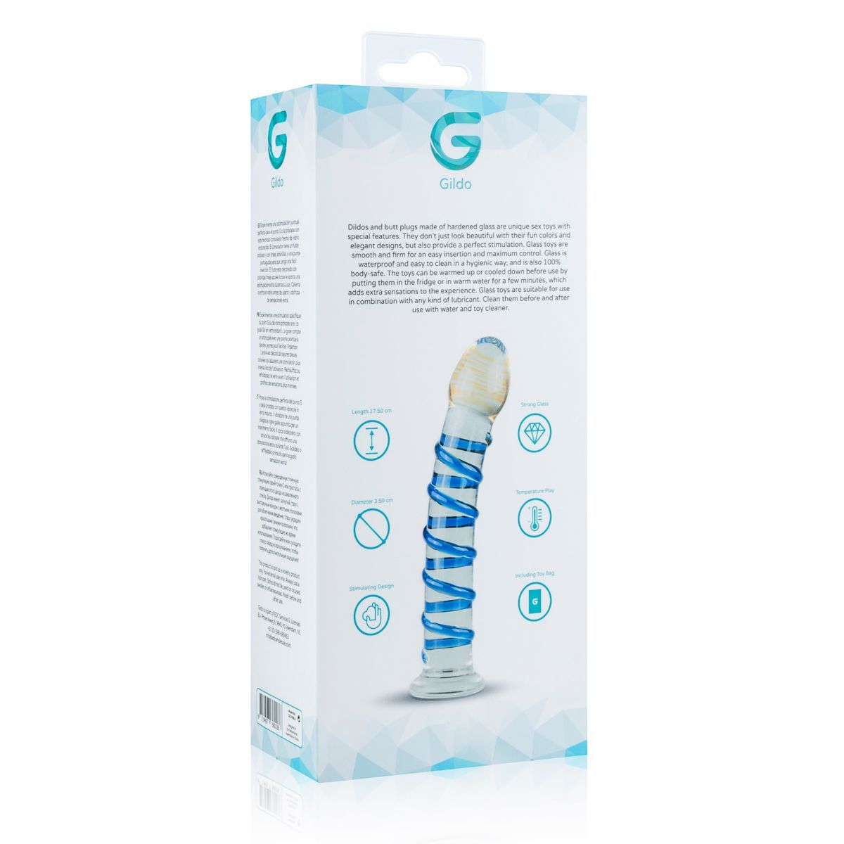 Retro della confezione con dildo. Testo e pittogrammi. Su sfondo bianco.