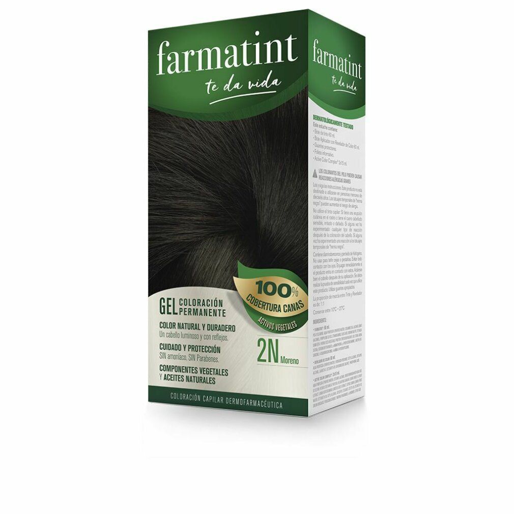 Confezione Farmatint. Gel colorante per capelli. Copertura 100% capelli bianchi. 2N. Colore naturale e duraturo. Senza ammoniaca, parabeni e siliconi.