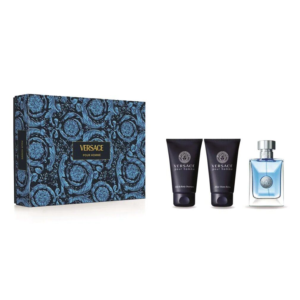Set regalo blu con scatola, due tubi e un flacone. Sulla scatola è scritto "Versace Pour Homme".