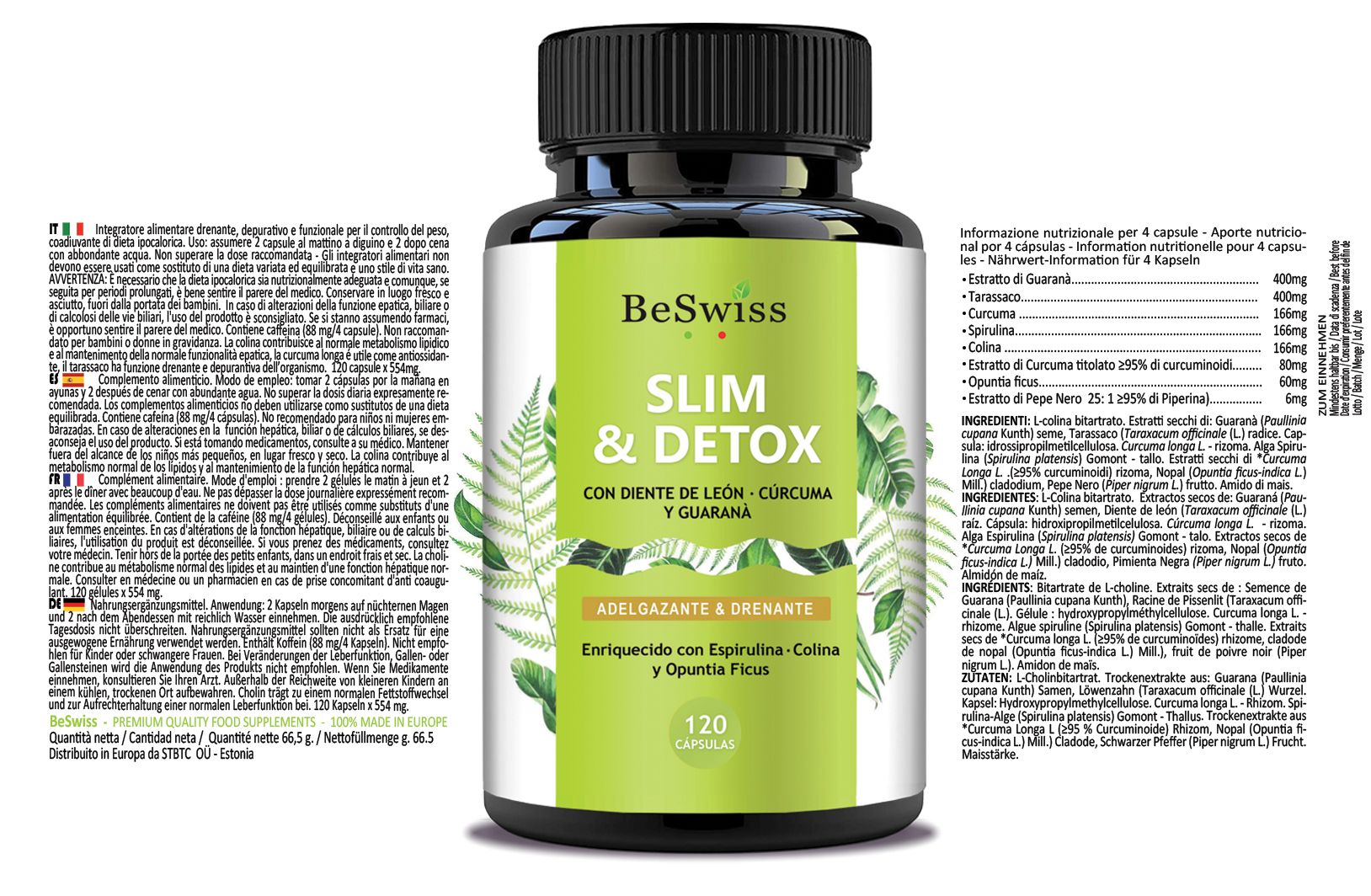 Flacone verde con tappo nero. Slim & Detox, 120 capsule. Testo multilingue sull'etichetta.