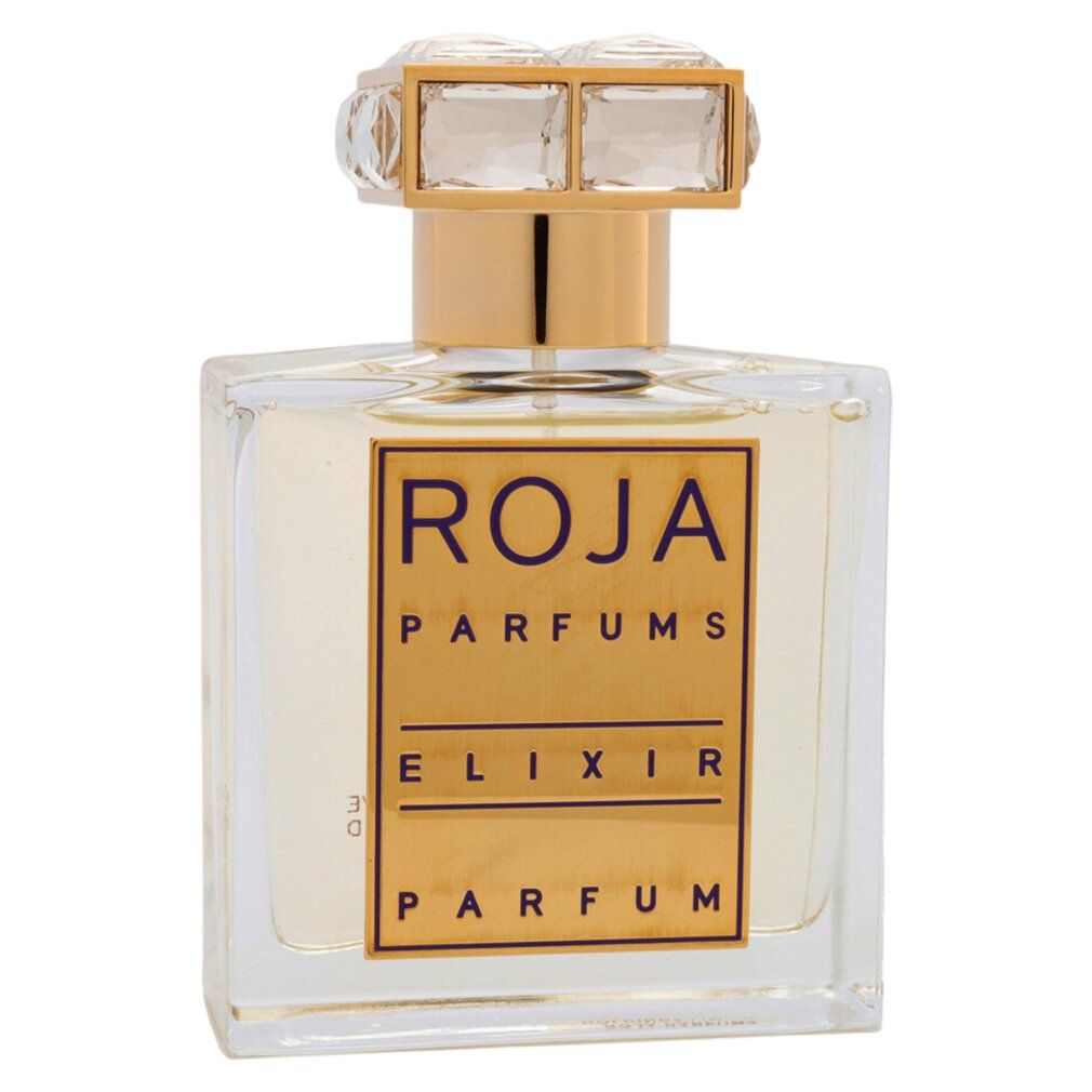 Flacone di profumo quadrato con etichetta dorata. Scritta: Roja Parfums Elixir Parfum. Tappo con cristalli.