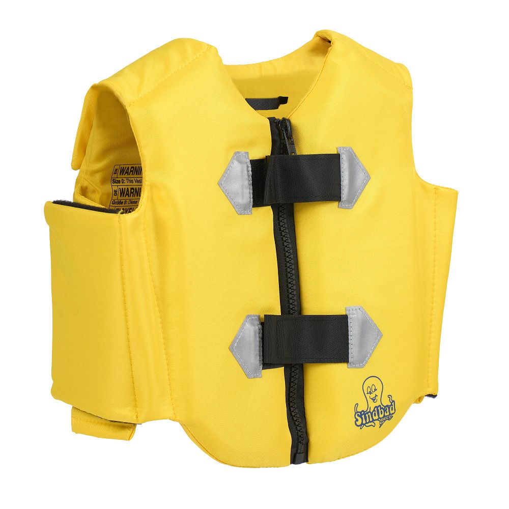 Gilet di salvataggio giallo "Sindbad" con cerniera, cinghie nere e logo.