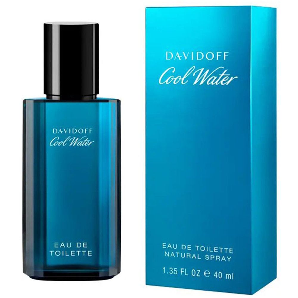 Flacone e confezione Davidoff Cool Water Eau de Toilette. Vetro blu, tappo nero. Confezione con logo e testo.