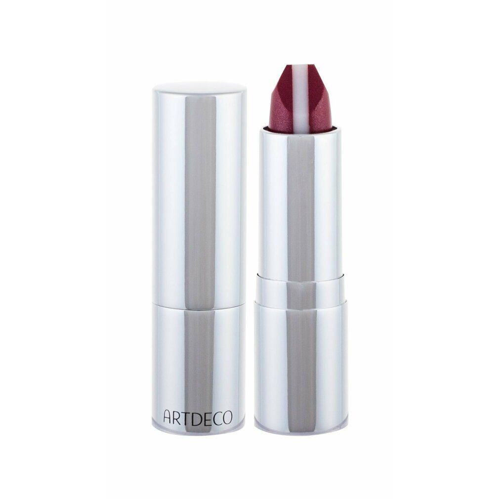 Rossetto rosso con striscia bianca in un involucro argentato. Il nome ARTDECO è visibile sull'involucro.