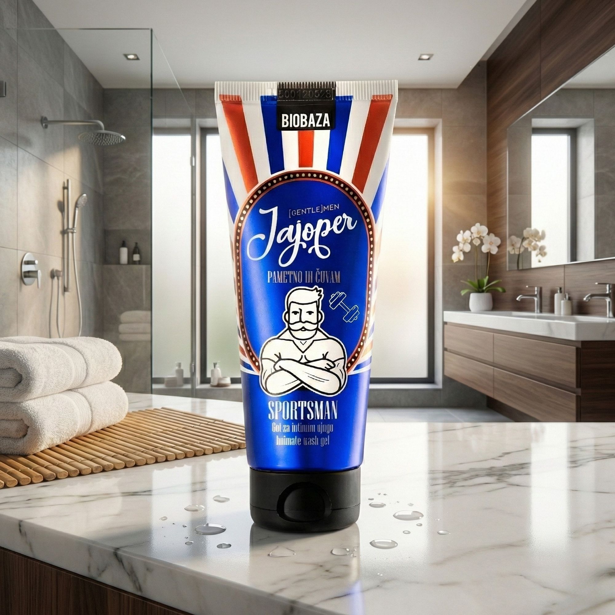 Tubo BIOBAZA Jajoper Sportsman con uomo e manubri. Strisce blu e rosse.
