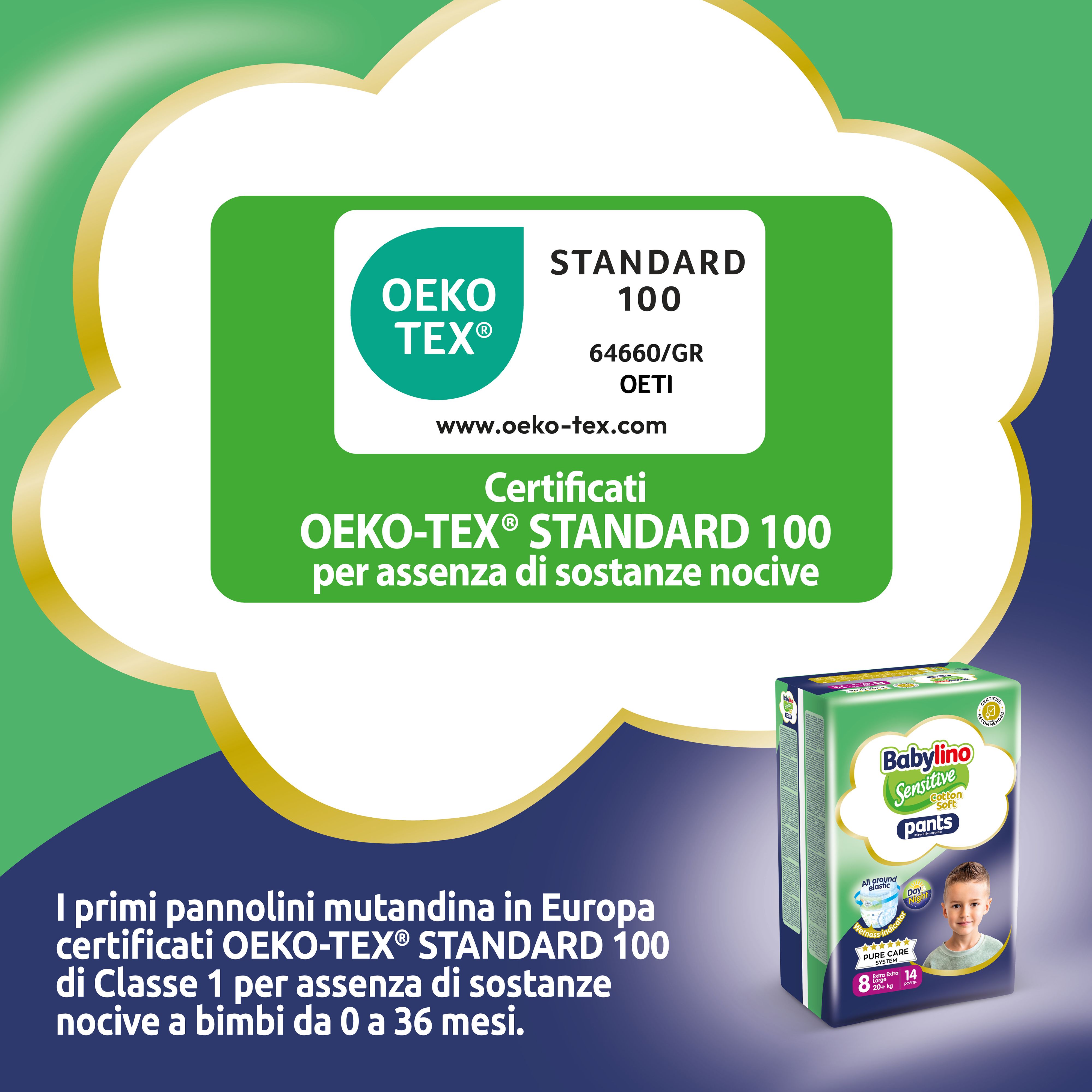 Babylino Sensitive Pants. Certificazione Oeko-Tex Standard 100. Immagine del prodotto. Confezione.