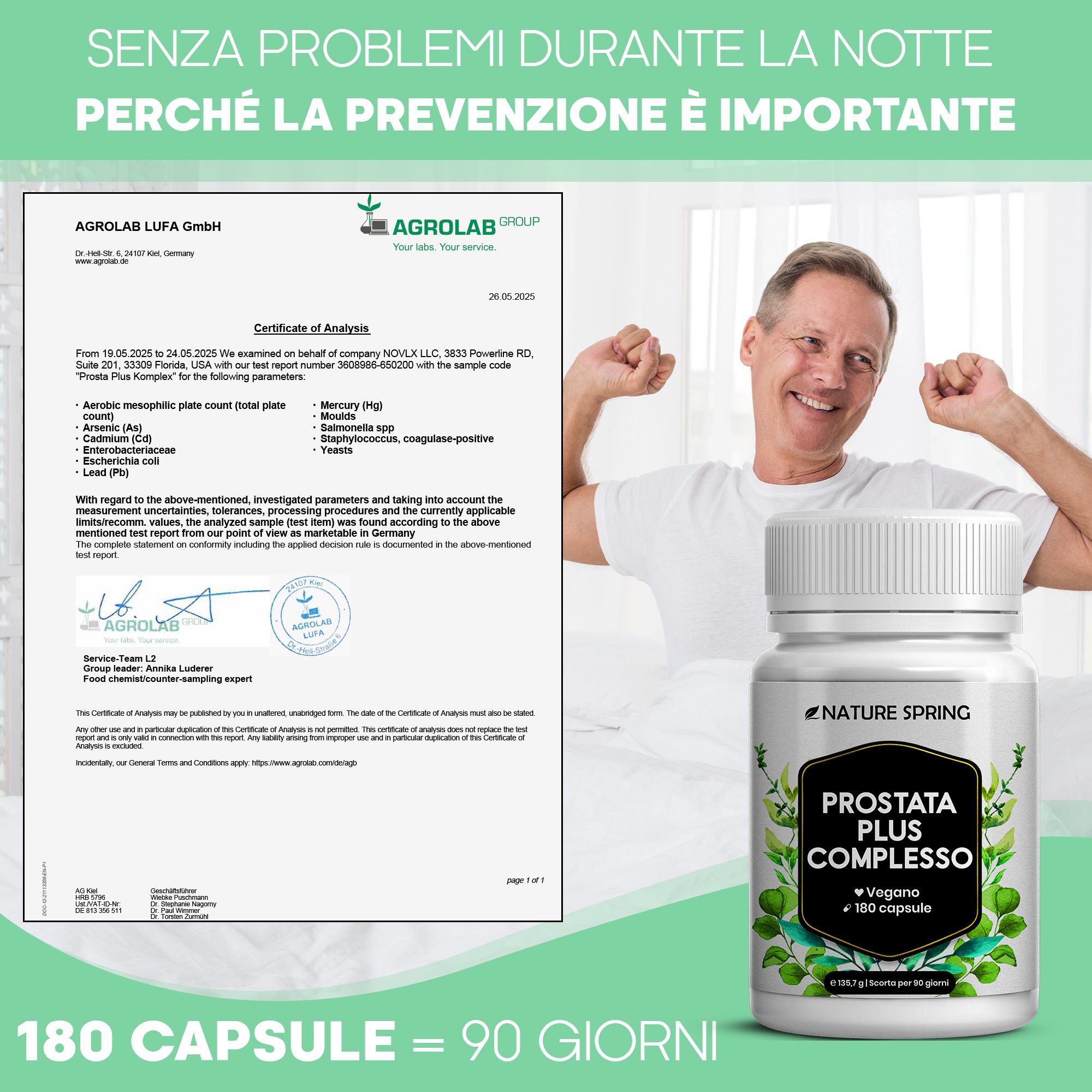 Uomo a letto, accanto a lui un contenitore Nature Spring Prosta Plus Complesso e un rapporto di analisi.
