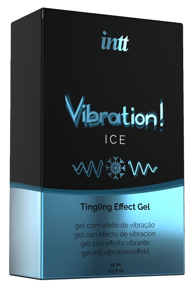 Confezione nera con fascia blu. Scritta: INTT, Vibration! ICE, Tingling Effect Gel. Contiene grafiche di onde e fiocchi di neve.