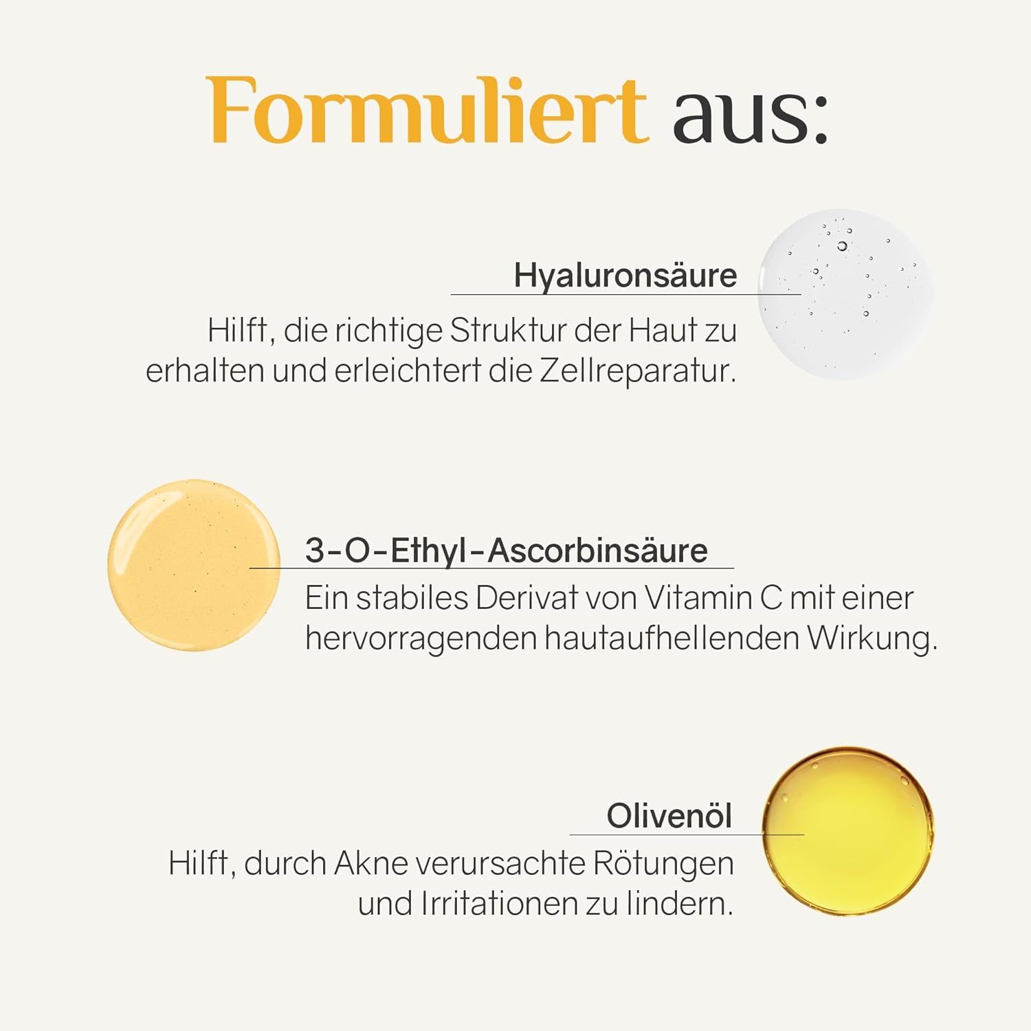 Ingredienti: Acido ialuronico, 3-O-etil-ascorbico, olio d'oliva. Testo che descrive l'azione degli ingredienti.