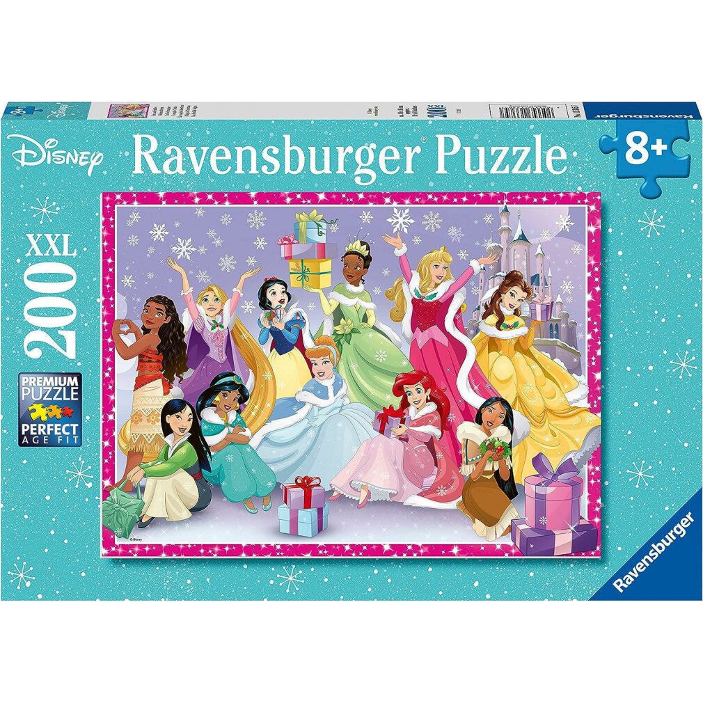 Scatola puzzle Disney Princess. 200 pezzi, 8+. Marchio Ravensburger. Design fiocchi di neve, cornice rosa.
