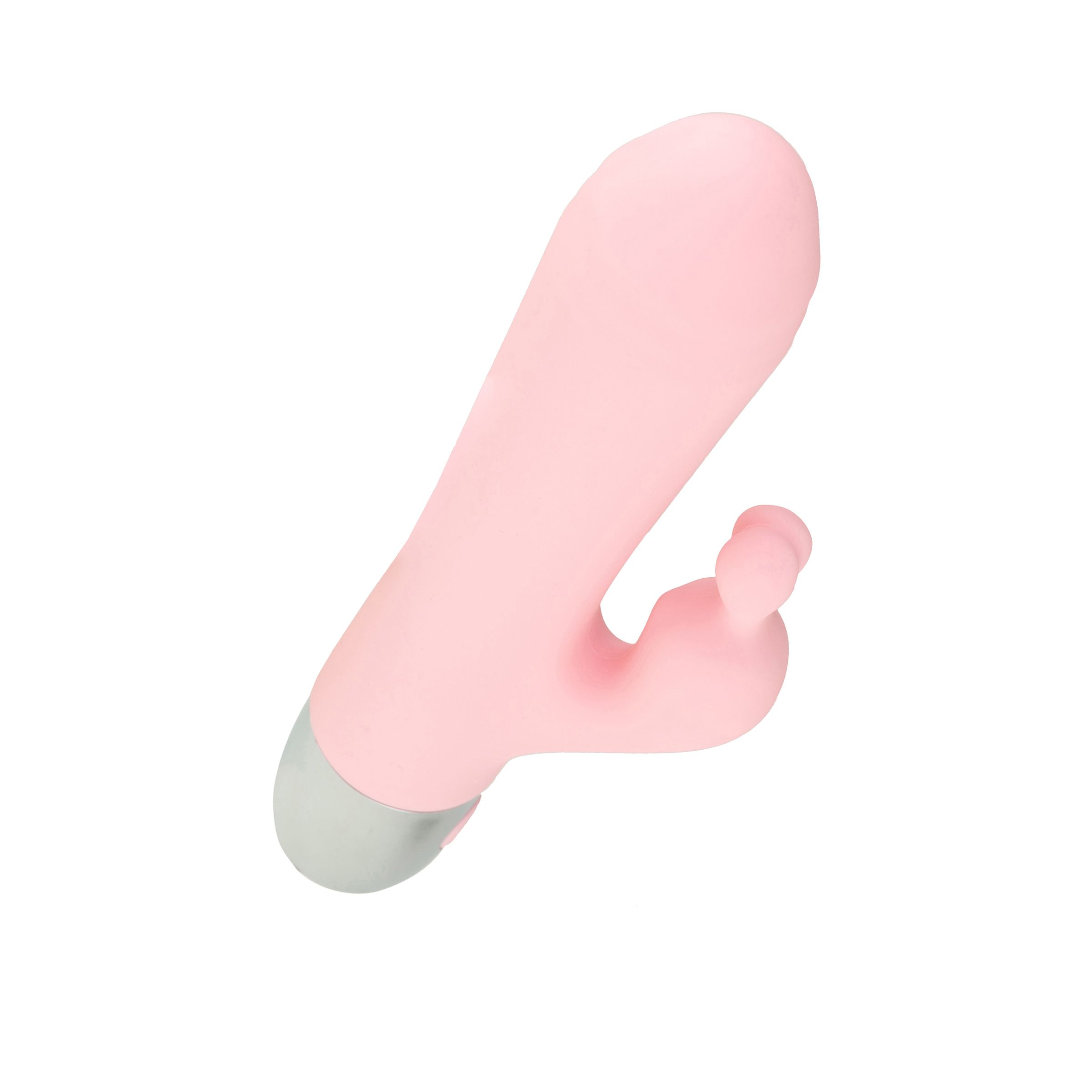 Vibratore rosa con testa arrotondata ed elemento aggiuntivo. Base grigia.