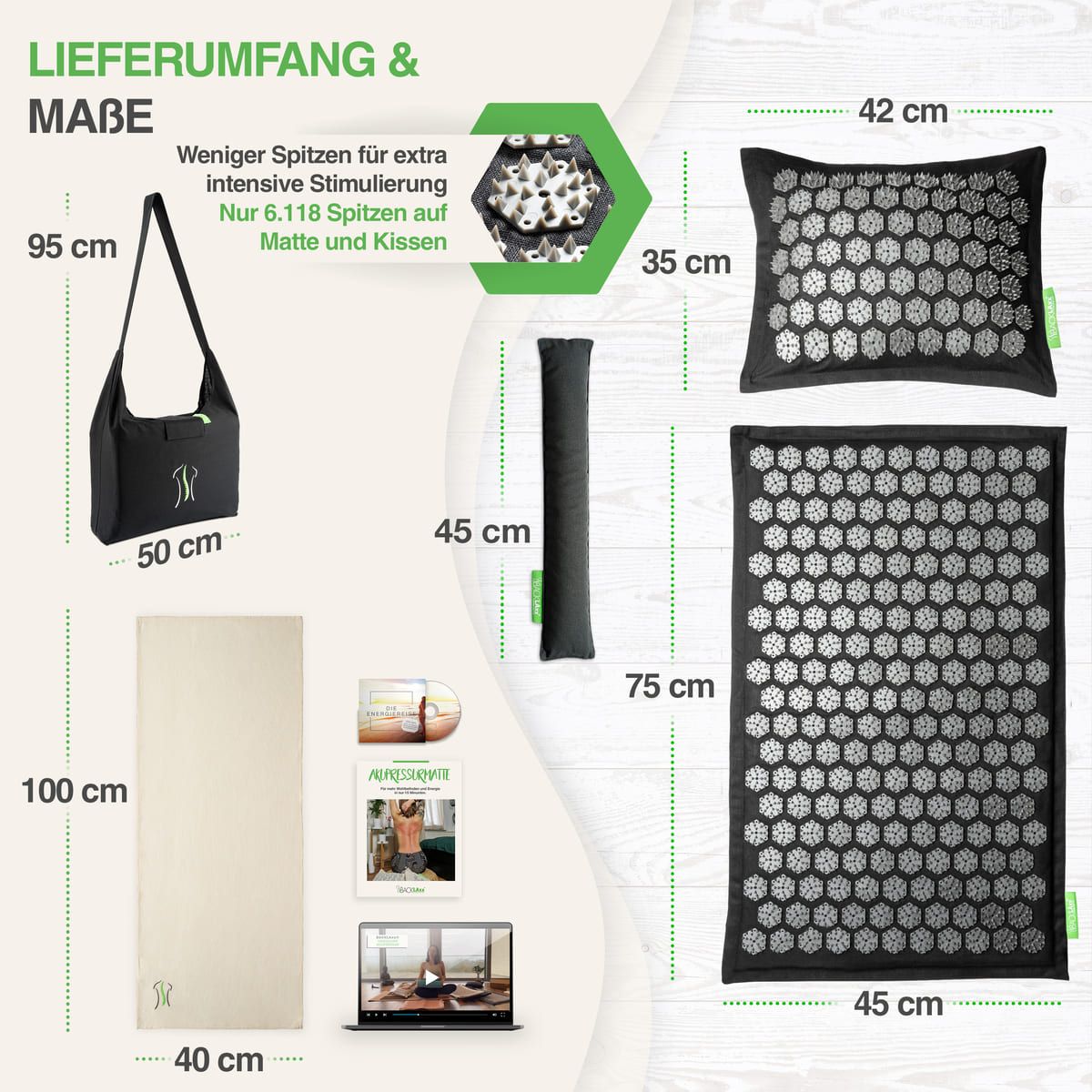 Tappetino per digitopressione, cuscino, borsa per il trasporto. Dimensioni: tappetino 100x45cm, cuscino 42x35cm, borsa 95x50cm. Accessori: rullo, DVD, libro. Testo: Contenuto e dimensioni.