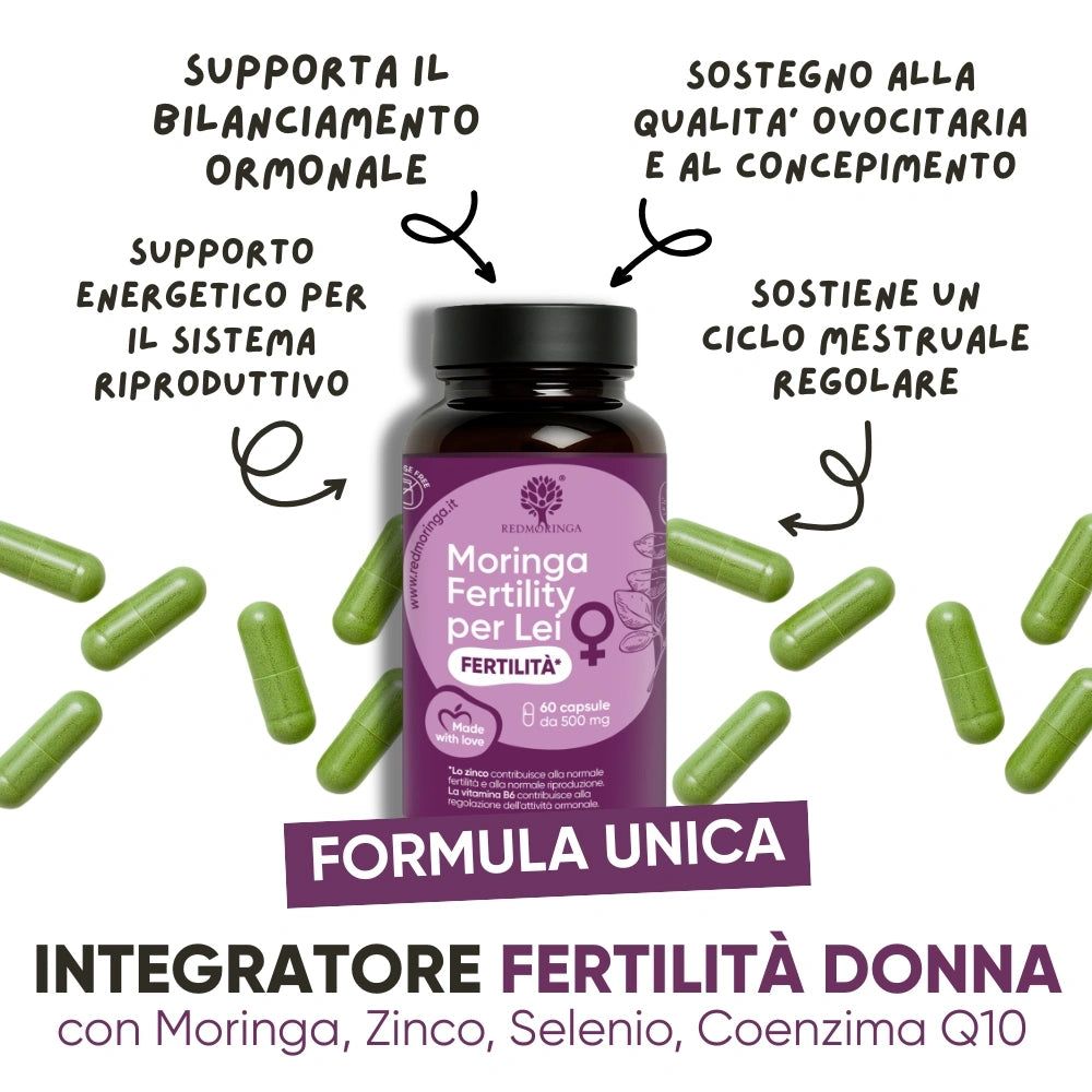 Un flacone di capsule verdi. Scritta: Moringa Fertility per Lei. Ingredienti: Moringa, Zinco, Selenio, Coenzima Q10.