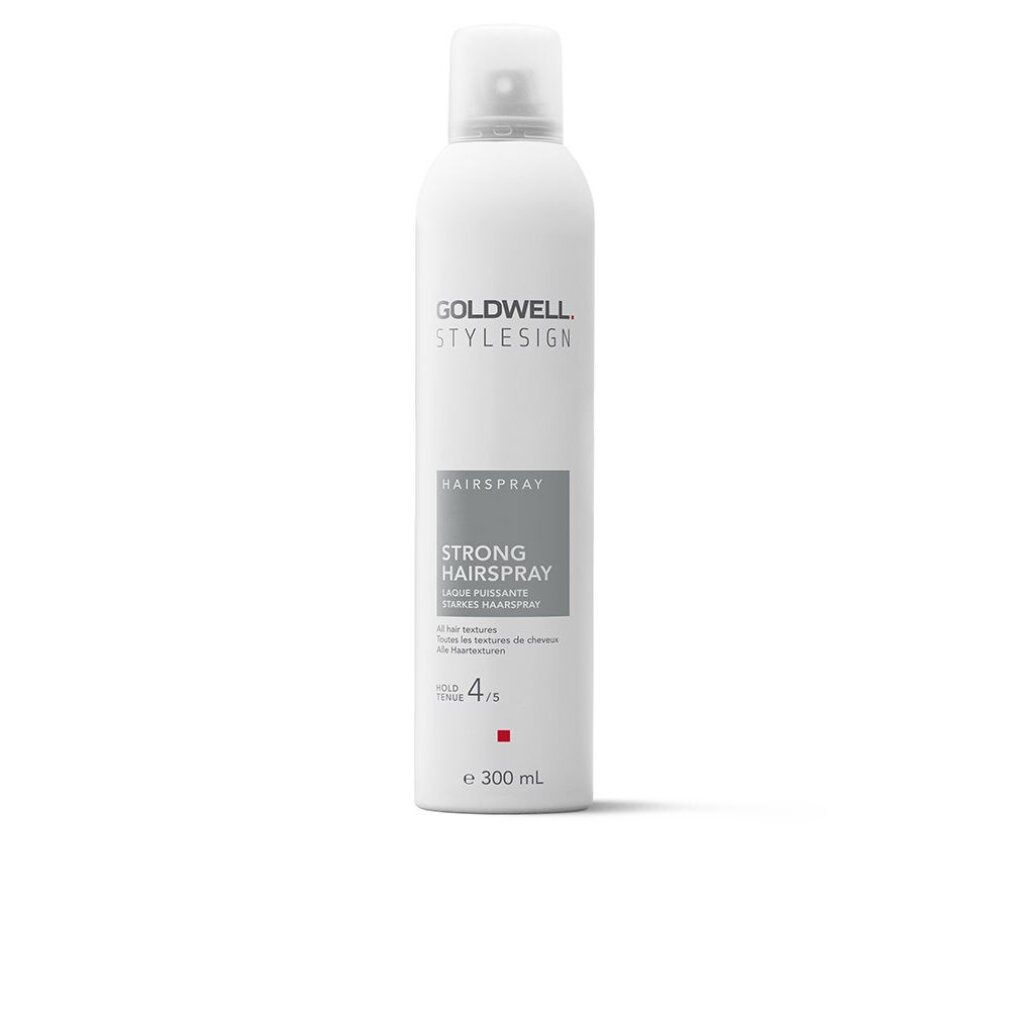 Flacone di lacca Goldwell Stylesign, bianco, con erogatore spray. Testo: "HAIRSPRAY STRONG HAIRSPRAY". Forza 4/5. Indicazione del volume.