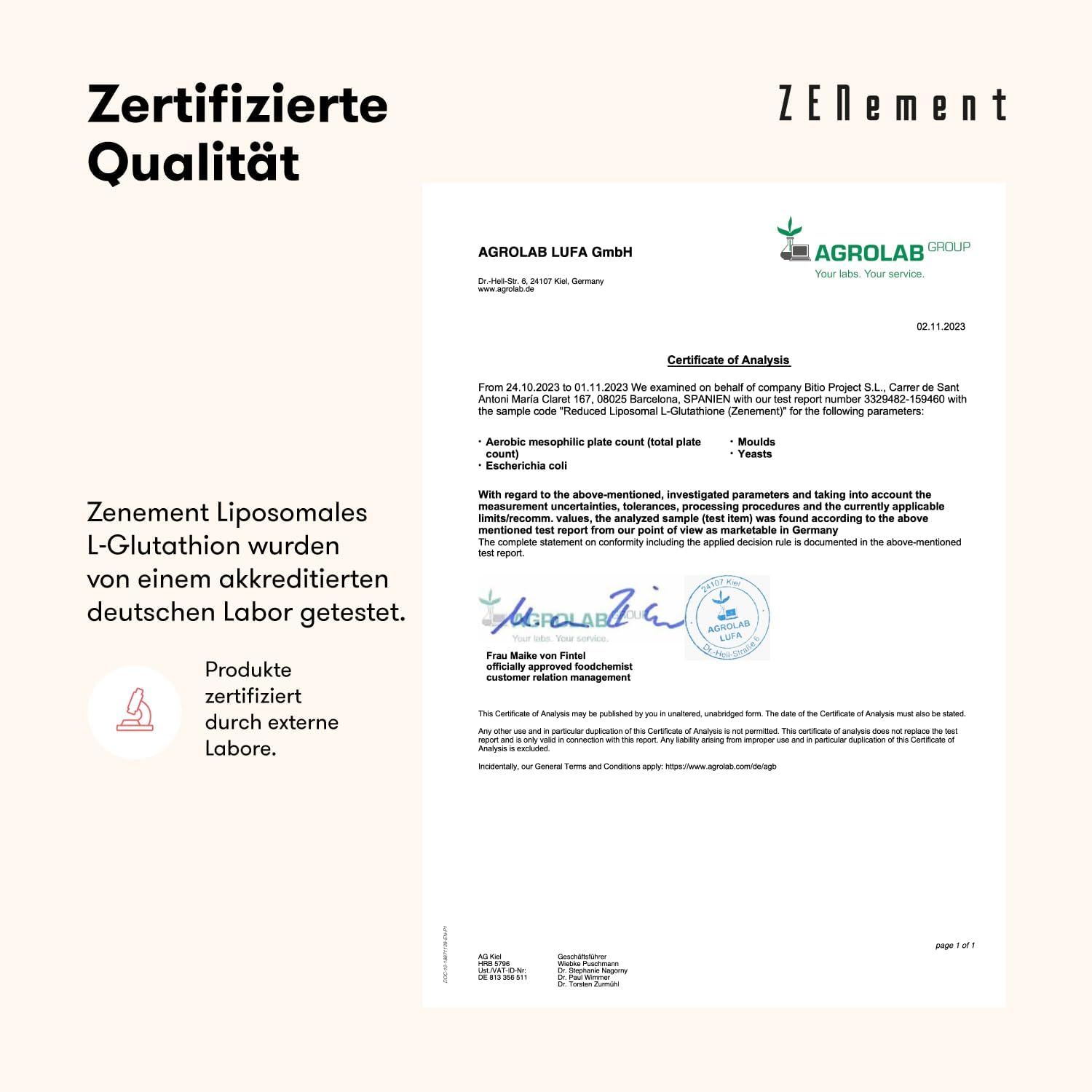 Certificato di Agrolab LUFA GmbH. Attesta la qualità di Zenement Liposomal L-Glutathion. Prodotti certificati da laboratori esterni.