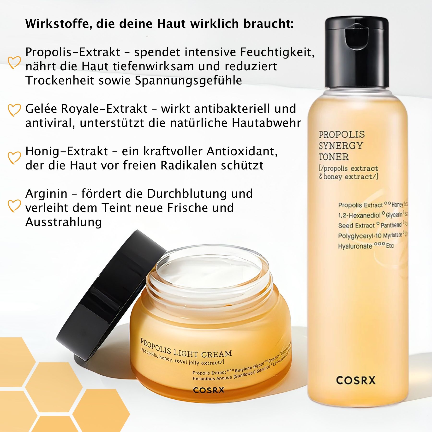 Vasetto COSRX Propolis Light Cream e toner. Vetro giallo, coperchio nero. Flacone toner.