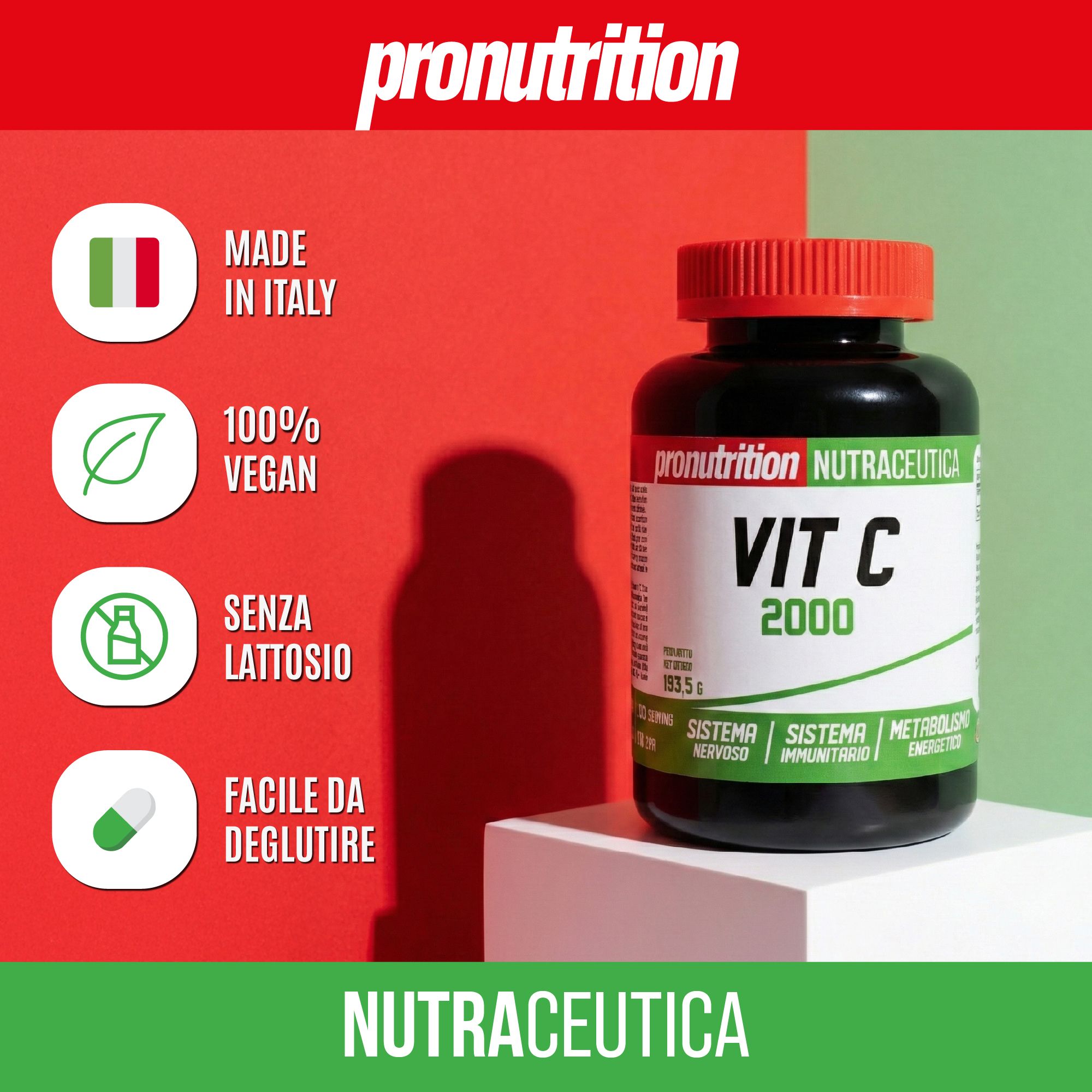 Flacone marrone con tappo rosso. Scritta: Vit C 2000. Testo: MADE IN ITALY, 100% VEGAN, SENZA LATTOSIO, FACILE DA DEGLUTIRE.