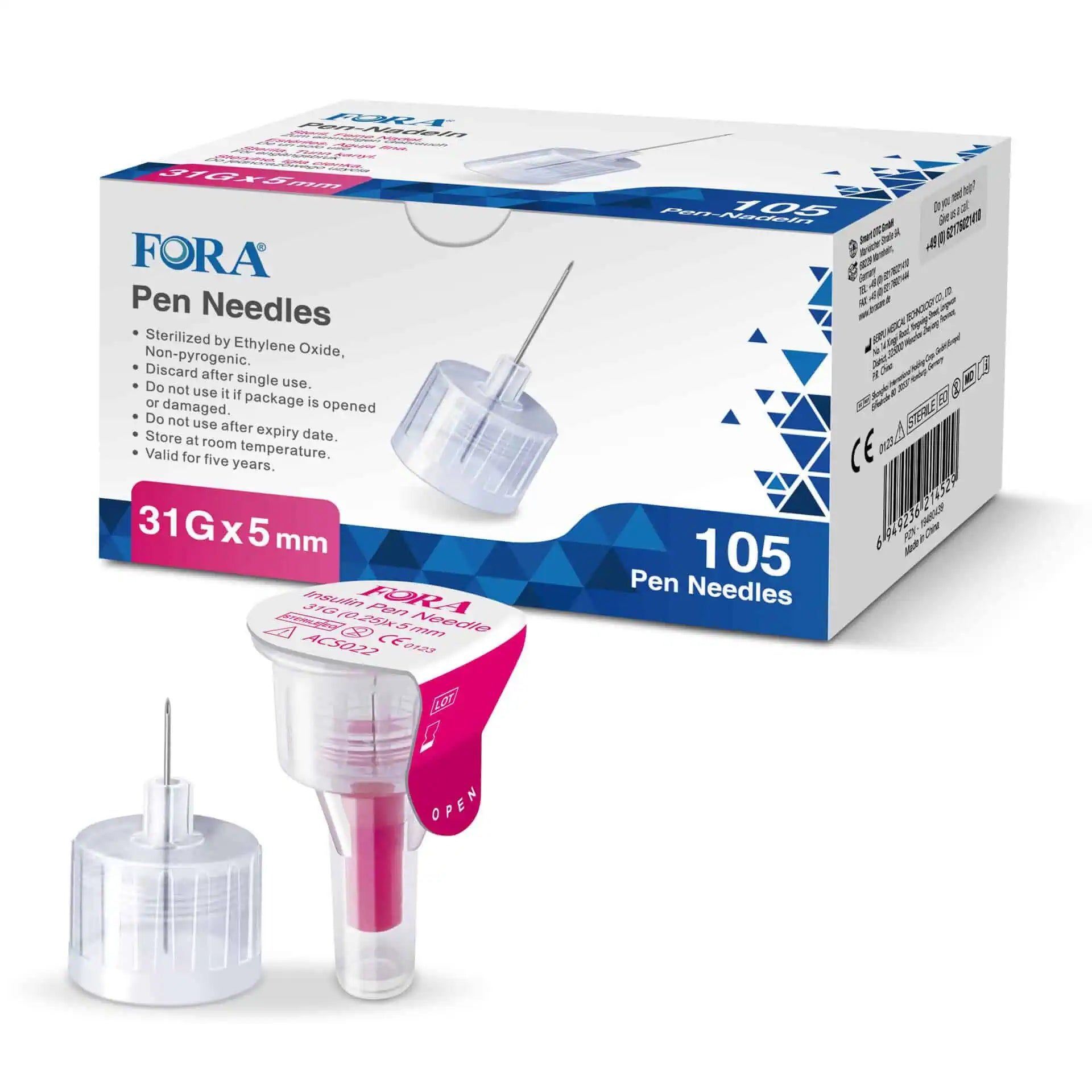 Aghi per penna FORA 31G 5mm, 105 pezzi. Sterilizzati, non pirogeni. Confezionati singolarmente.