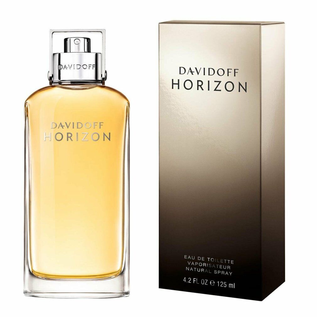 Flacone e scatola Davidoff Horizon Edt Spray. Flacone rettangolare trasparente, tappo argentato. Nome del prodotto su flacone e scatola.