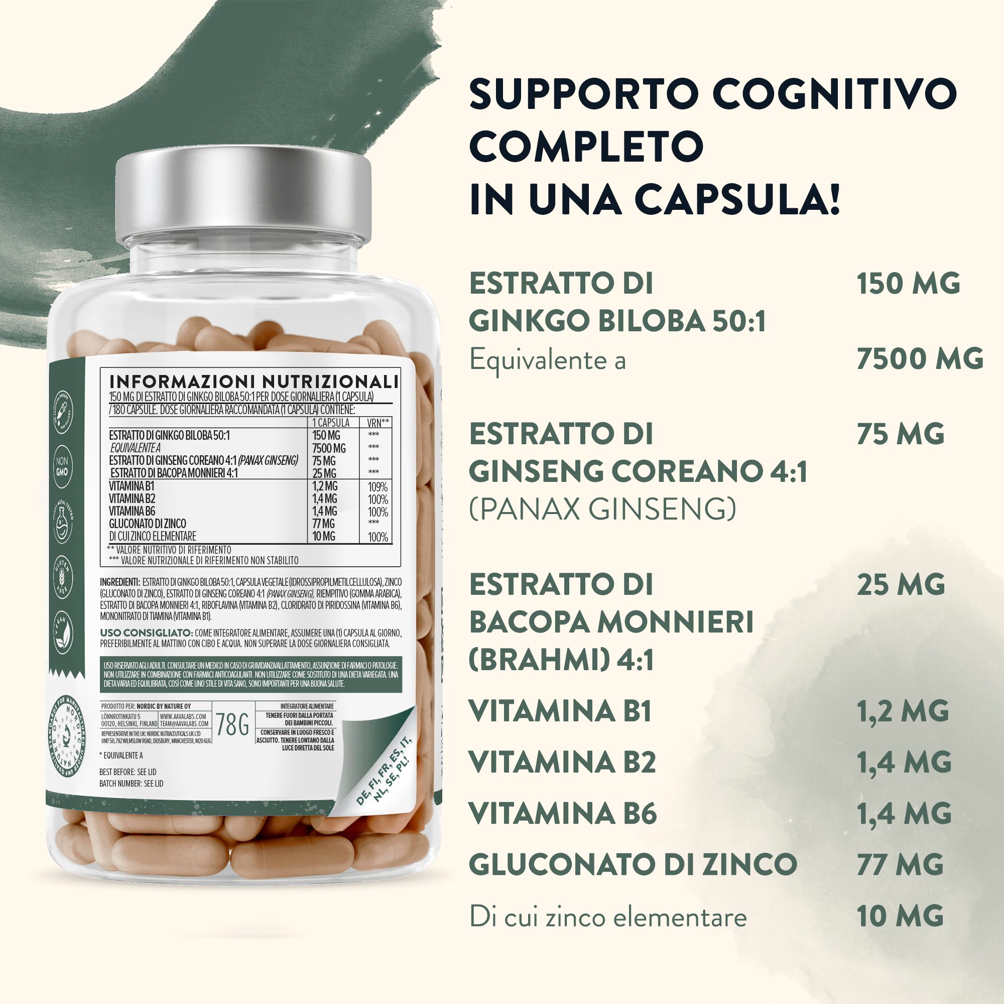 Aavalabs Ginkgo Biloba Complex. Flacone. Informazioni nutrizionali. 150mg estratto di Ginkgo Biloba. Con Ginseng, Bacopa, Vitamine e Zinco.