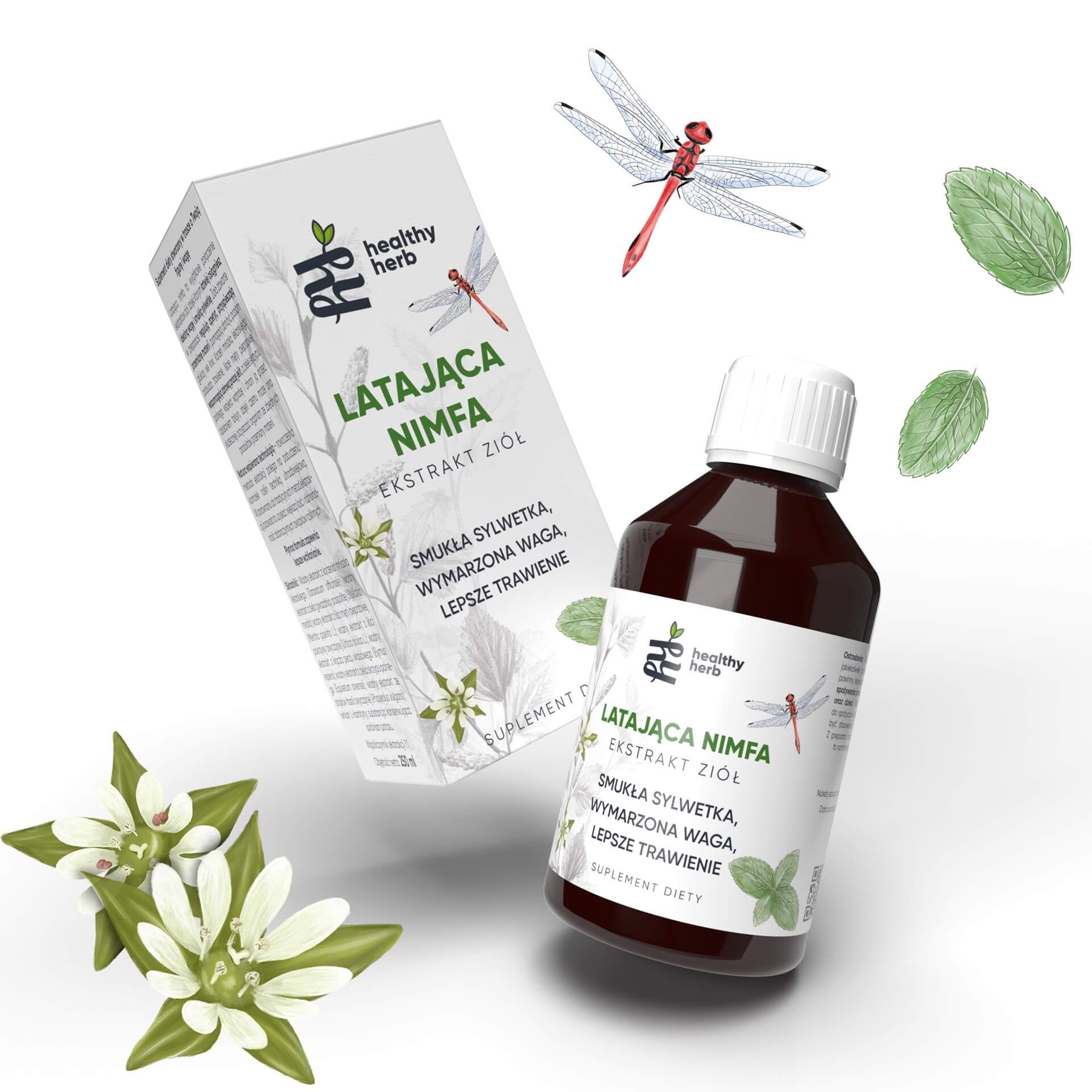 Flacone e scatola 'Latająca Nimfa'. Logo 'Healthy Herb'. Illustrazioni di libellule. Tappo bianco.