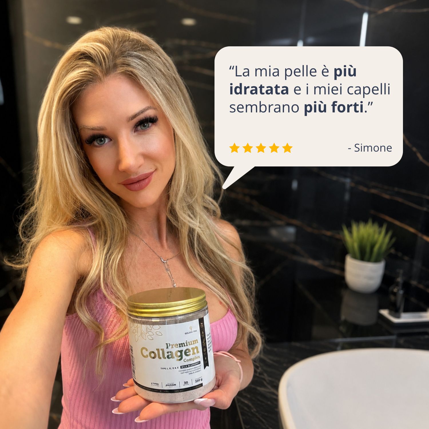 Donna con Golden Tree Premium Collagen Complex, recensione positiva su pelle e capelli.