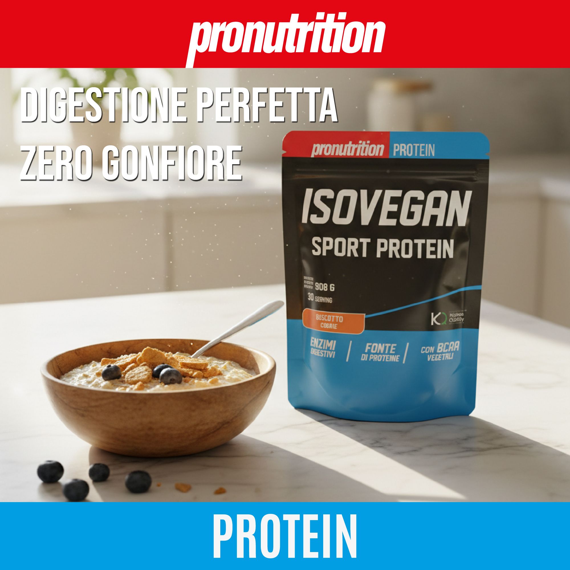 Confezione di IsoVegan Sport Protein. Scritta: Digestione Perfetta, Zero Gonfiore. Ingredienti: Enzimi, fonte di proteine, BCAA. Gusto biscotto.