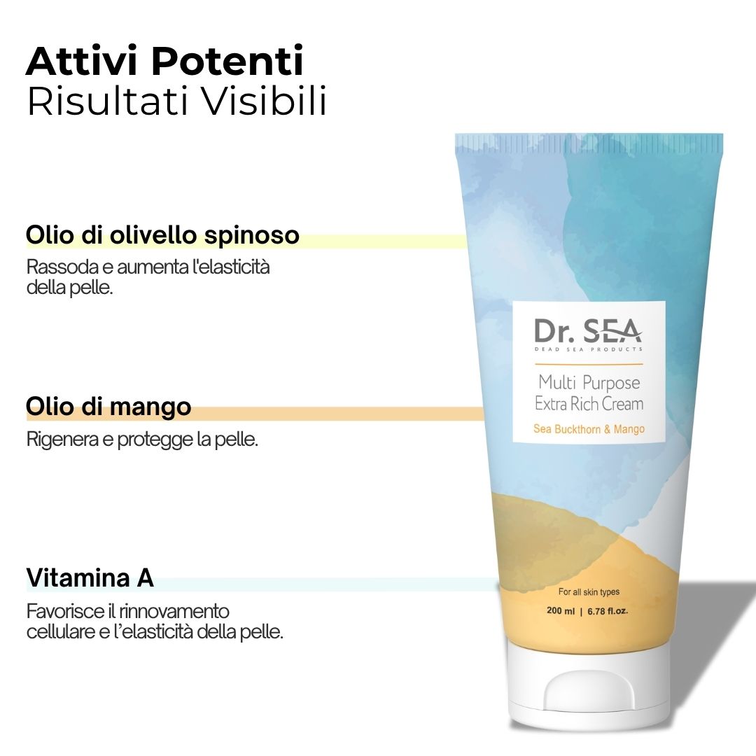 Tubo DR. SEA Multi Purpose Extra Rich Cream, Mango. Testo con ingredienti: olio di olivello spinoso, olio di mango, vitamina A.