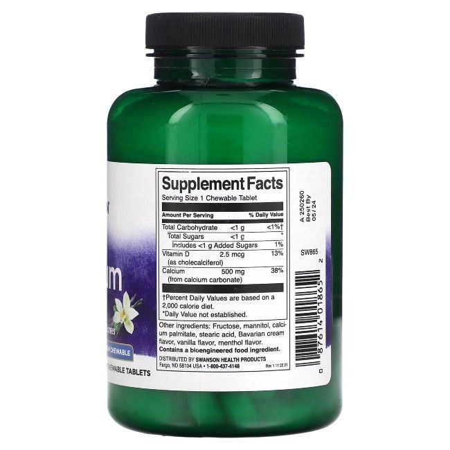 Retro di una bottiglia verde. Contiene informazioni nutrizionali sul calcio. Contiene 500 mg di calcio per compressa.