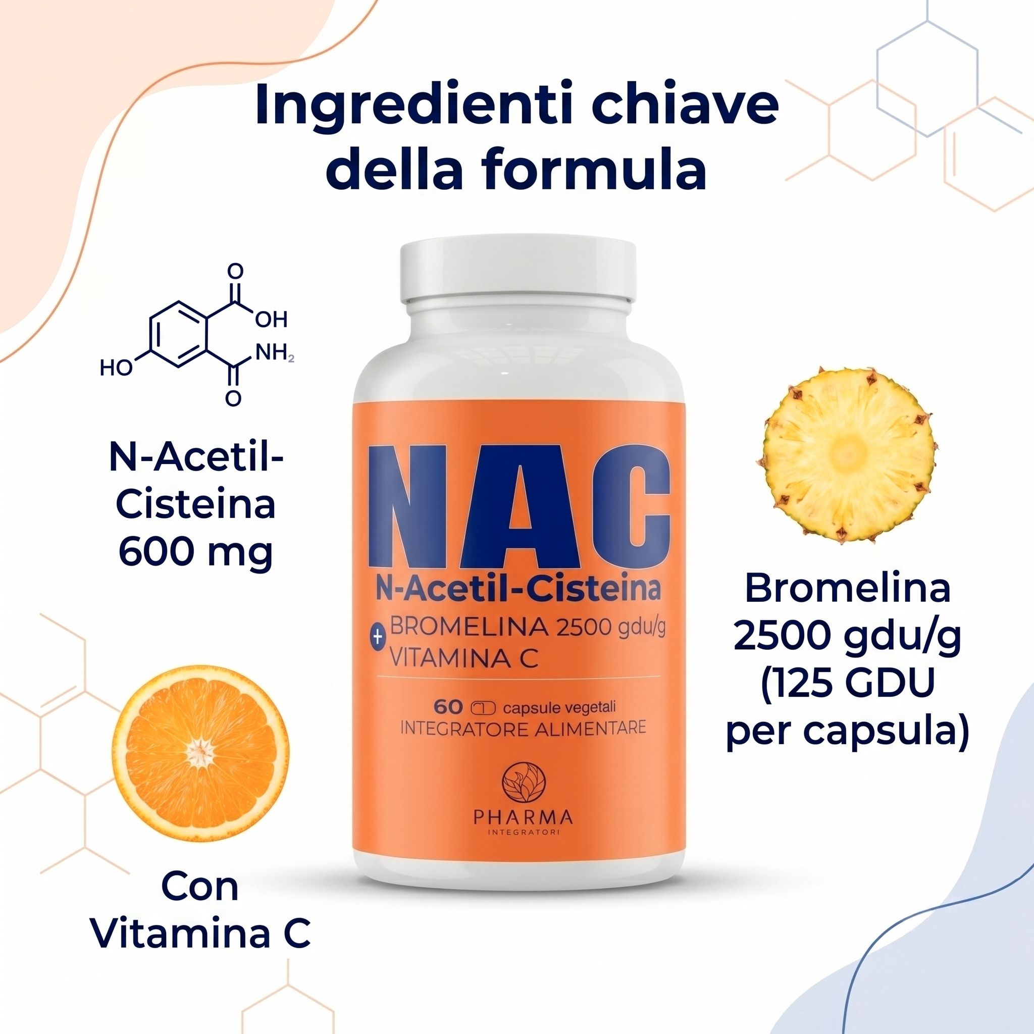 Flacone di NAC N-Acetilcisteina con ingredienti chiave: N-Acetilcisteina, Bromelina, Vitamina C.