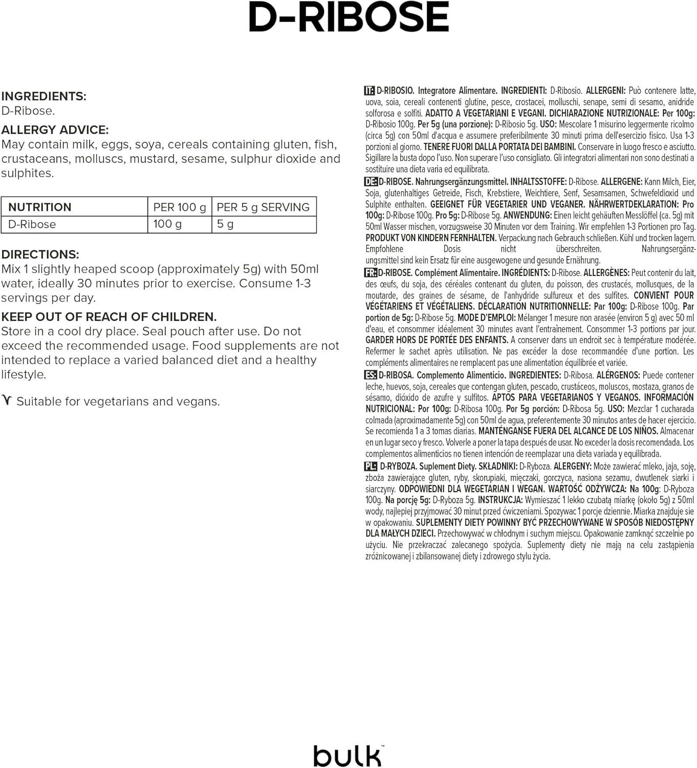 Busta bianca con stampa "D-RIBOSE" ed elenco ingredienti. Contiene informazioni su allergeni e valori nutrizionali.