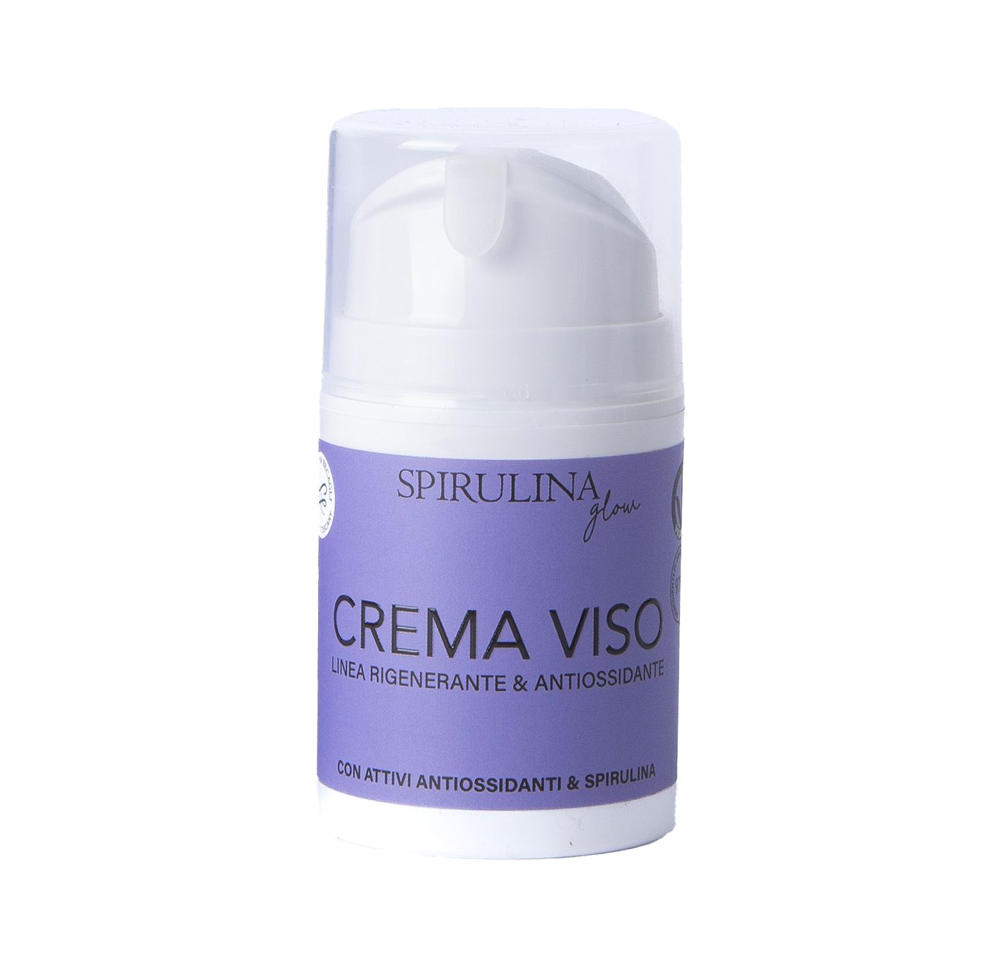 Dispenser crema bianco con etichetta viola. Scritta: Spirulina glow, Crema Viso, linea rigenerante & antiossidante. Con antiossidanti & spirulina.