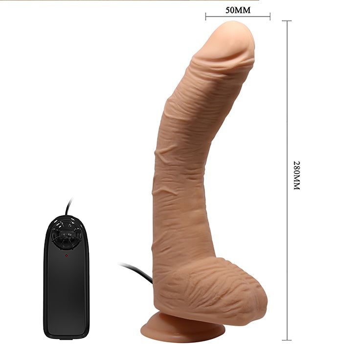 Dildo beige con superficie strutturata e ventosa. Dimensioni: 280mm di altezza, 50mm di larghezza. Con telecomando nero.