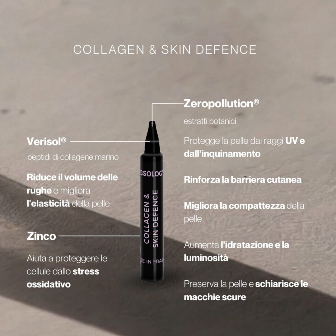 Grafico con una fiala nera e testo sui benefici di Collagen & Skin Defence.