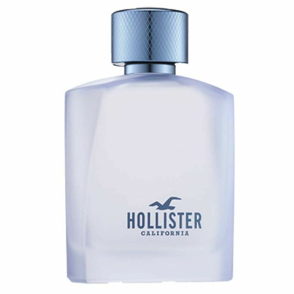 Flacone rettangolare trasparente con tappo blu. Scritta: HOLLISTER CALIFORNIA. Nome del prodotto non visibile.