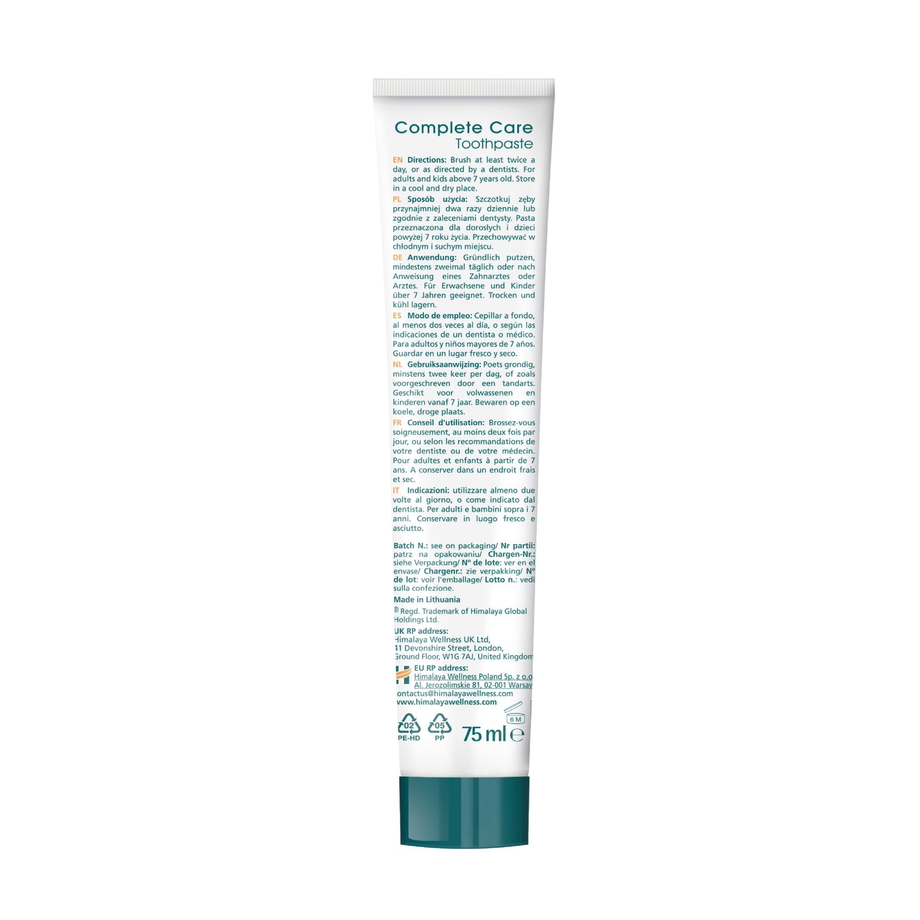 Tubo di dentifricio Himalaya Botanique Complete Care, 75ml, con informazioni.