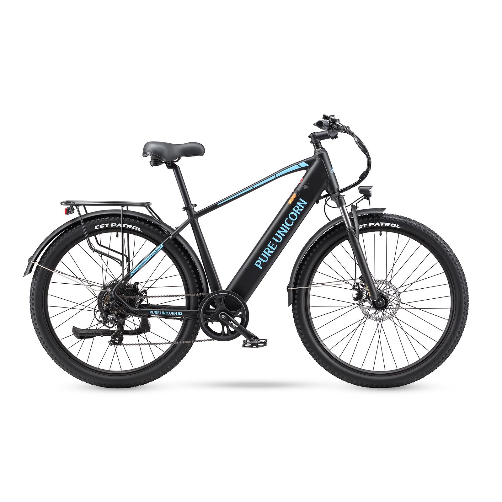 E-MTB nero. Visibili: logo PURE UNICORN, portapacchi, parafanghi, pneumatici CST PATROL.