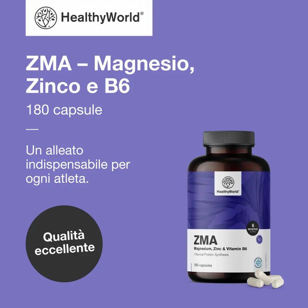 Pubblicità per capsule ZMA. Flacone ZMA. Testo: Un alleato indispensabile per ogni atleta. Qualità eccellente.