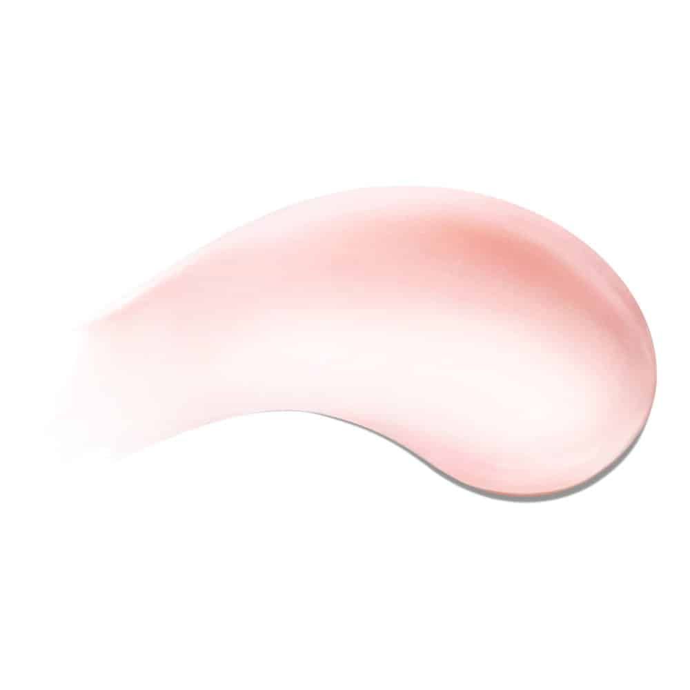 Campione di balsamo labbra rosa su sfondo bianco.