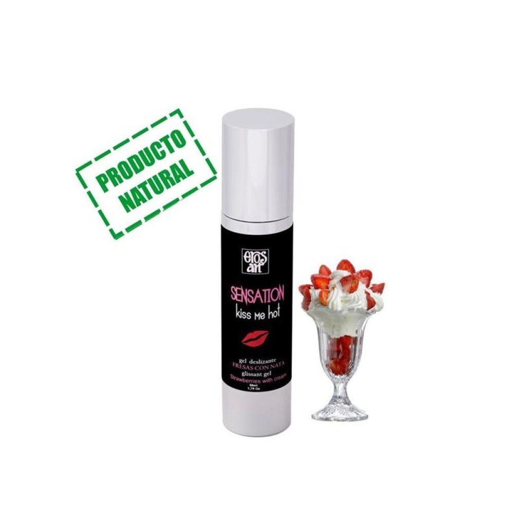 Flacone di gel lubrificante con dessert alle fragole e sigillo 'Producto Natural'.
