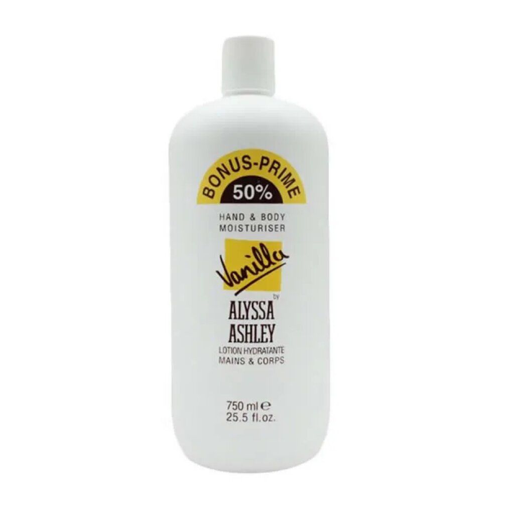 Flacone bianco con etichetta gialla. Scritta: BONUS-PRIME 50%, HAND & BODY MOISTURISER, Vanilla, ALYSSA ASHLEY. 750 ml.