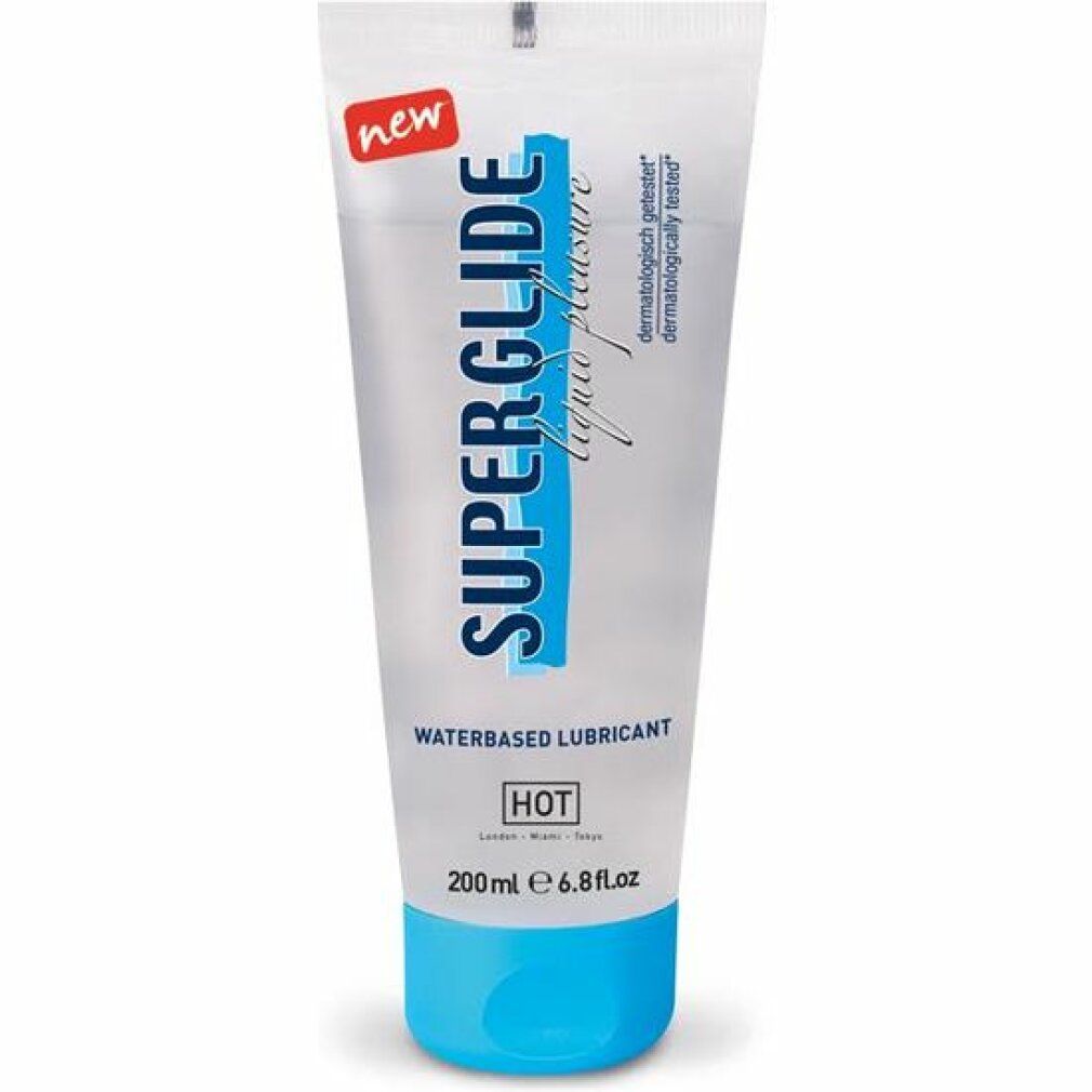 Tubo trasparente con base blu. Scritta: SUPERGLIDE, waterbased lubricant, HOT. Adesivo rosso 'new'.