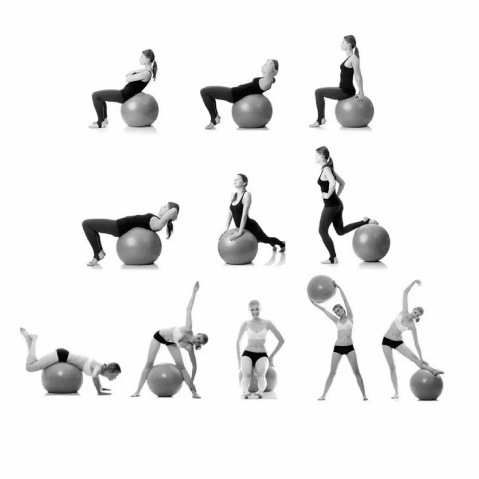 Immagine in bianco e nero con vari esercizi con una palla da ginnastica. Le persone eseguono esercizi in diverse posizioni.