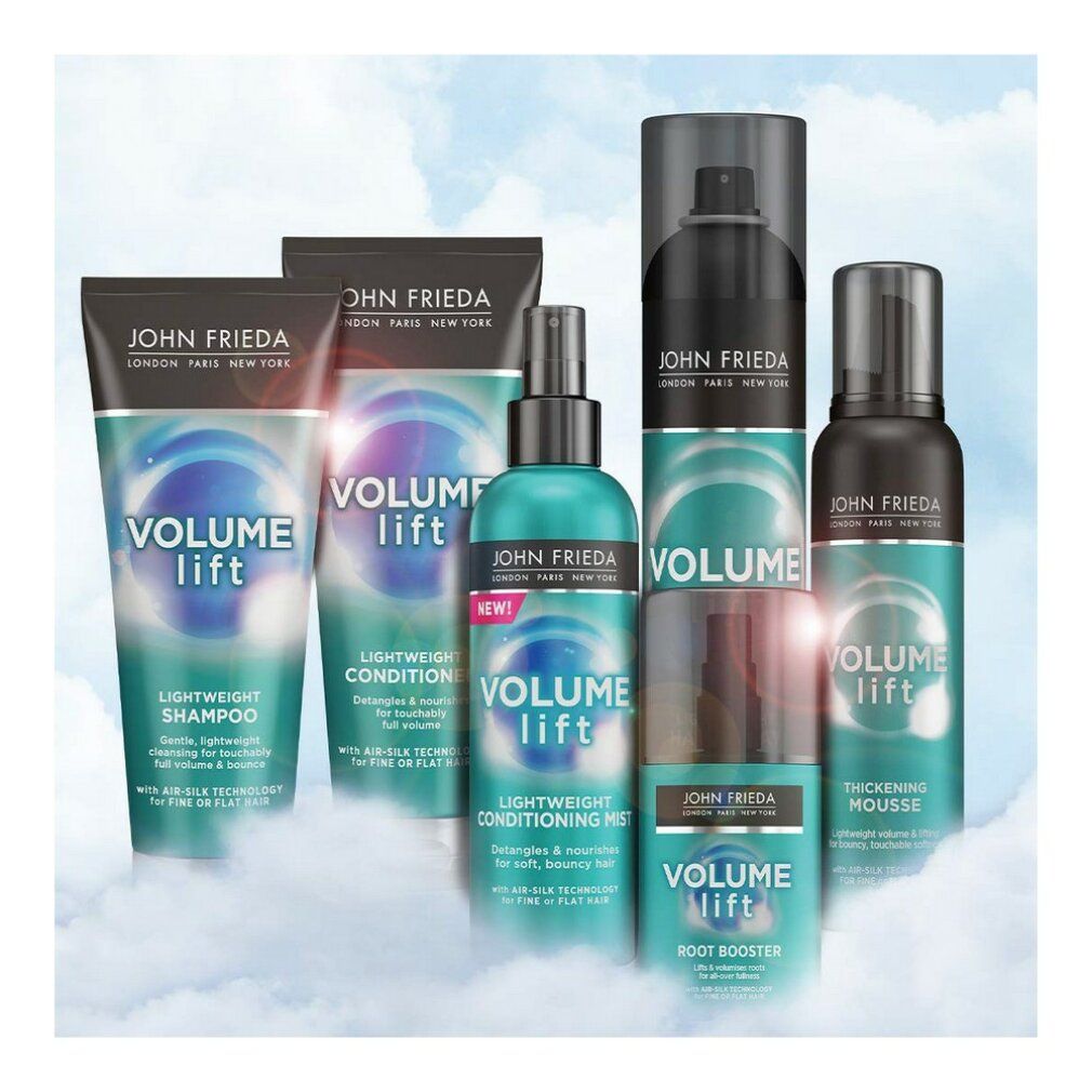 Diversi prodotti John Frieda Volume Lift. Flaconi, tubi, spray. Testo: Volume Lift, Shampoo, Balsamo, Mousse.
