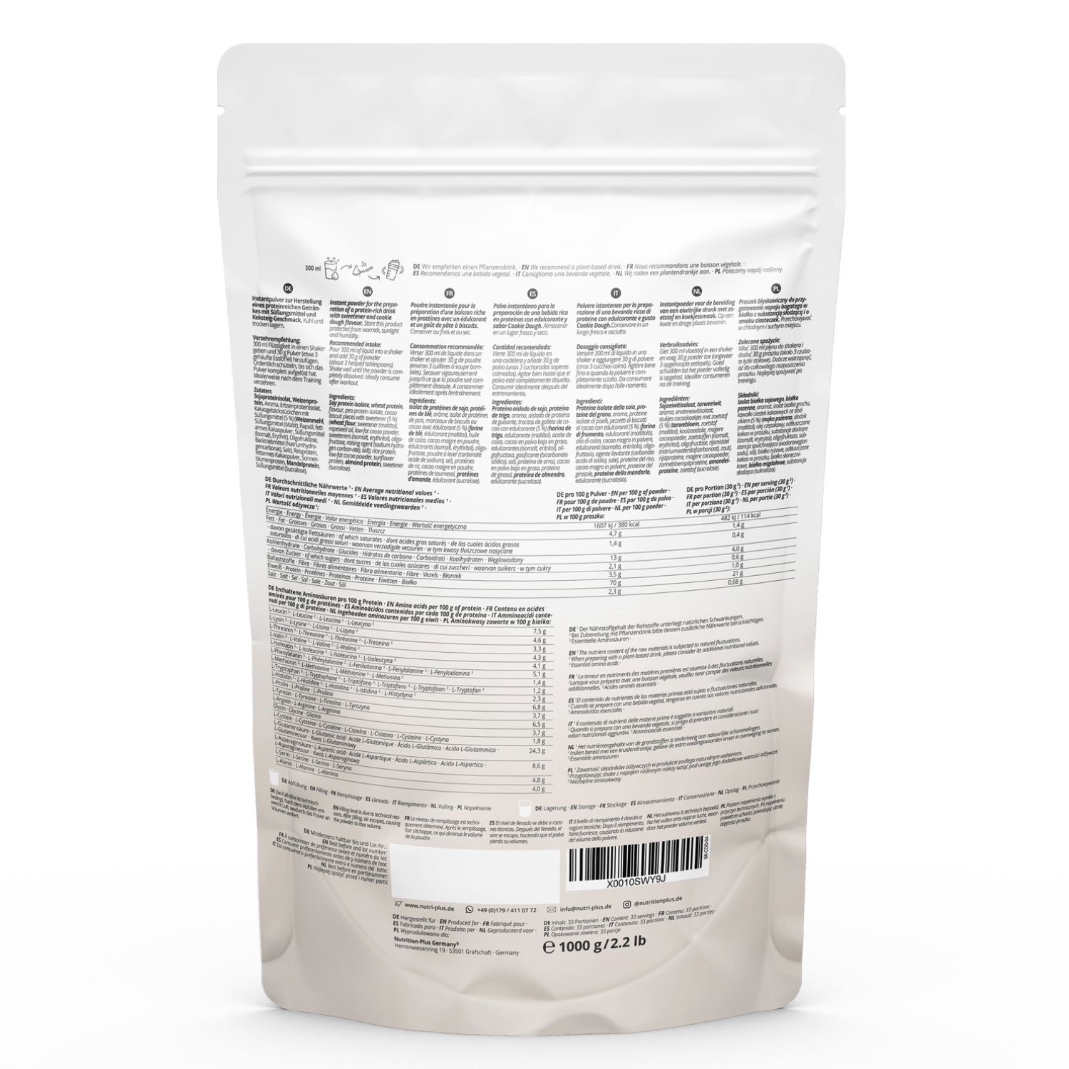 Retro della confezione di proteine in polvere. Testo multilingue, informazioni nutrizionali, elenco ingredienti, codice a barre.